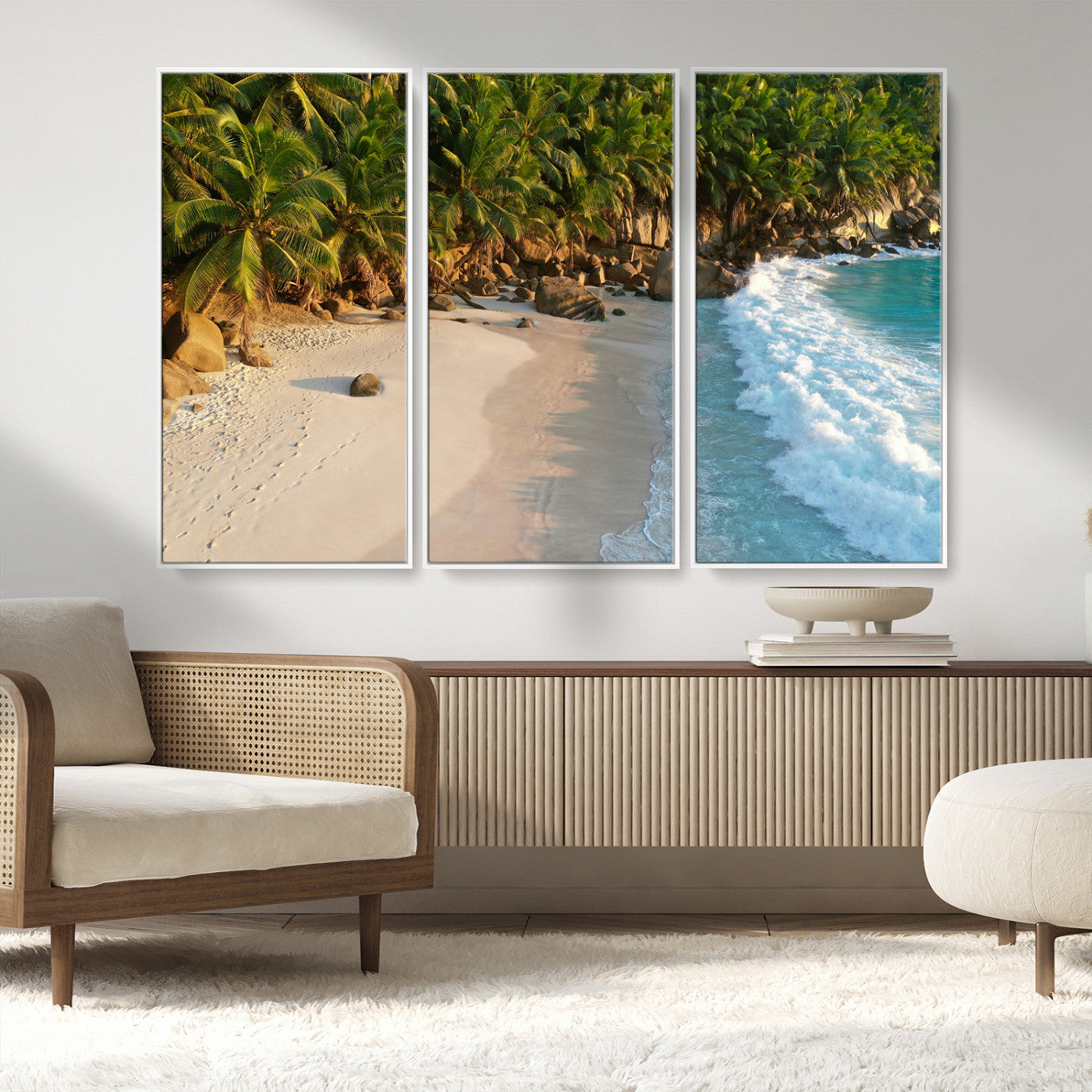 82312665-MGV-CV-36X24-Tropical Beach Wall Art Canvas Print, Framed Ocean Waves Art Picture Print, Palm Trees Perfect Coastal Minimalist Decor Artwork