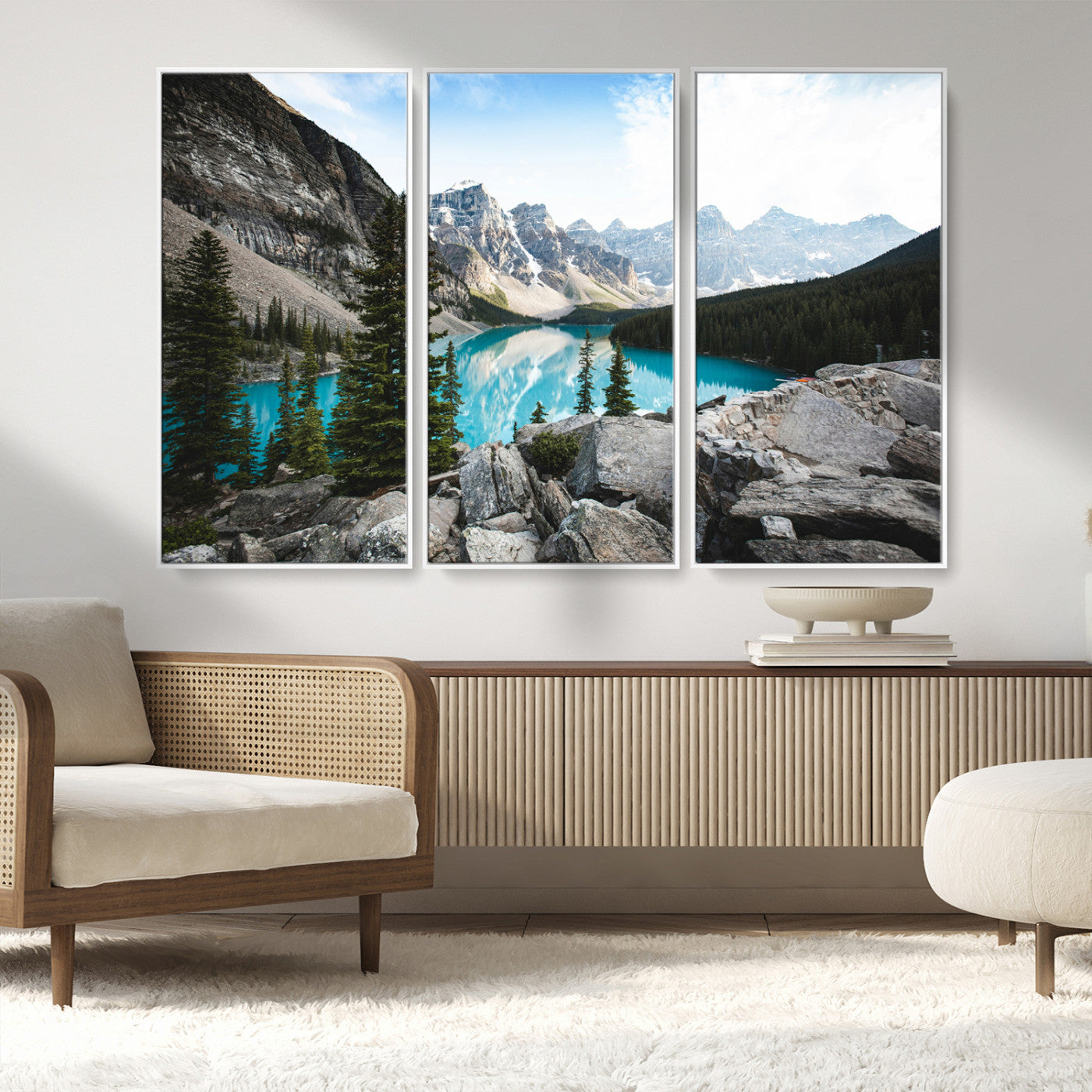 98014896-MGV-FC-48X32-3P_White-Canadian Rockies Wall Art Canvas Print, Framed Mountain Landscape Art Picture Print, Turquoise Water Perfect Scandinavian