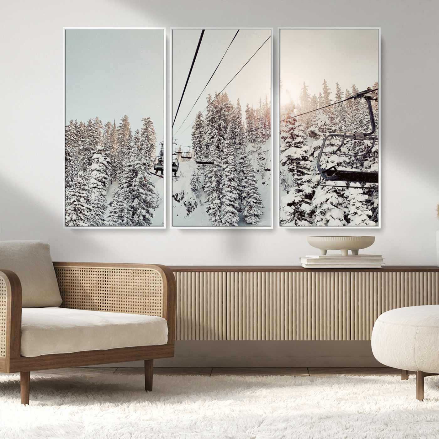 91534512-MGV-CV-36X24-Frosty Pines Wall Art Canvas Print, Framed Cozy Cabin View Art Picture Print, Ski Lift Ride Perfect Rustic Lodge Decor Artwork