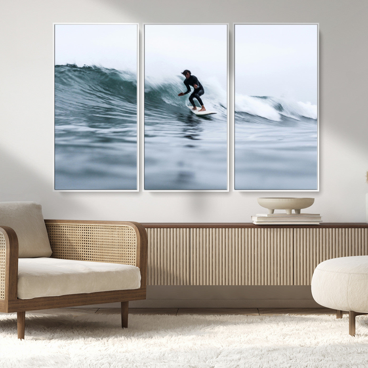 11693607-MGV-CV-36X24-Surfer on Wave Wall Art Canvas Print, Framed Ocean Adventure Art Picture Print, Motion Blur Water Perfect Coastal Adventure Decor