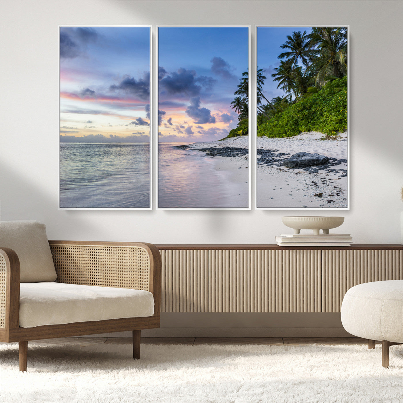 75045485-MGV-FC-48X32-3P_White-Tropical Beach Wall Art Canvas Print, Framed Sunset Glow Art Picture Print, Palm Tree Coast Perfect Tropical Coastal Decor Artwork