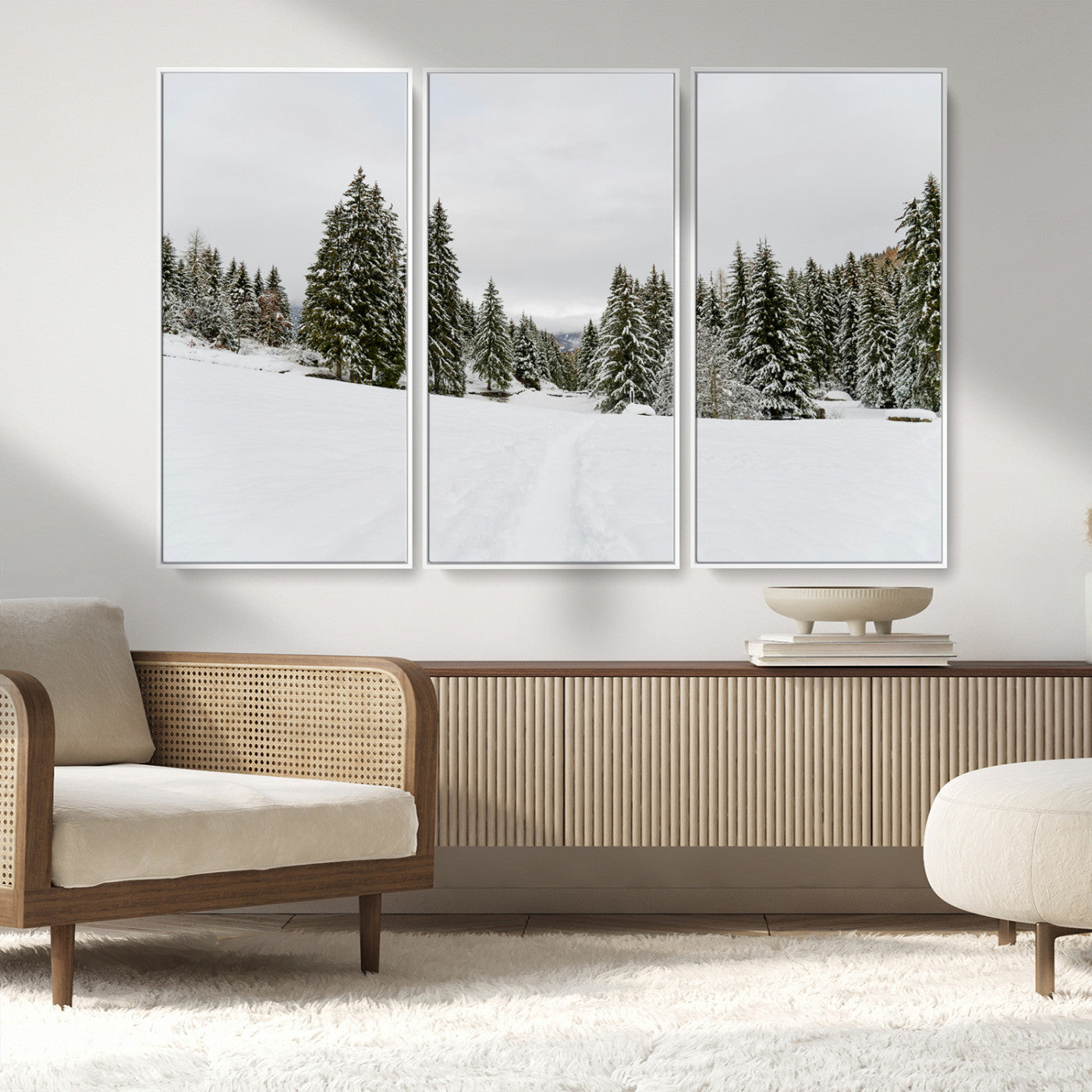 24581417-MGV-CV-36X24-Frosty Pines Wall Art Canvas Print, Framed Silent Snowfall Art Picture Print, Cozy Cabin Vibes Perfect Nordic Minimalist Decor