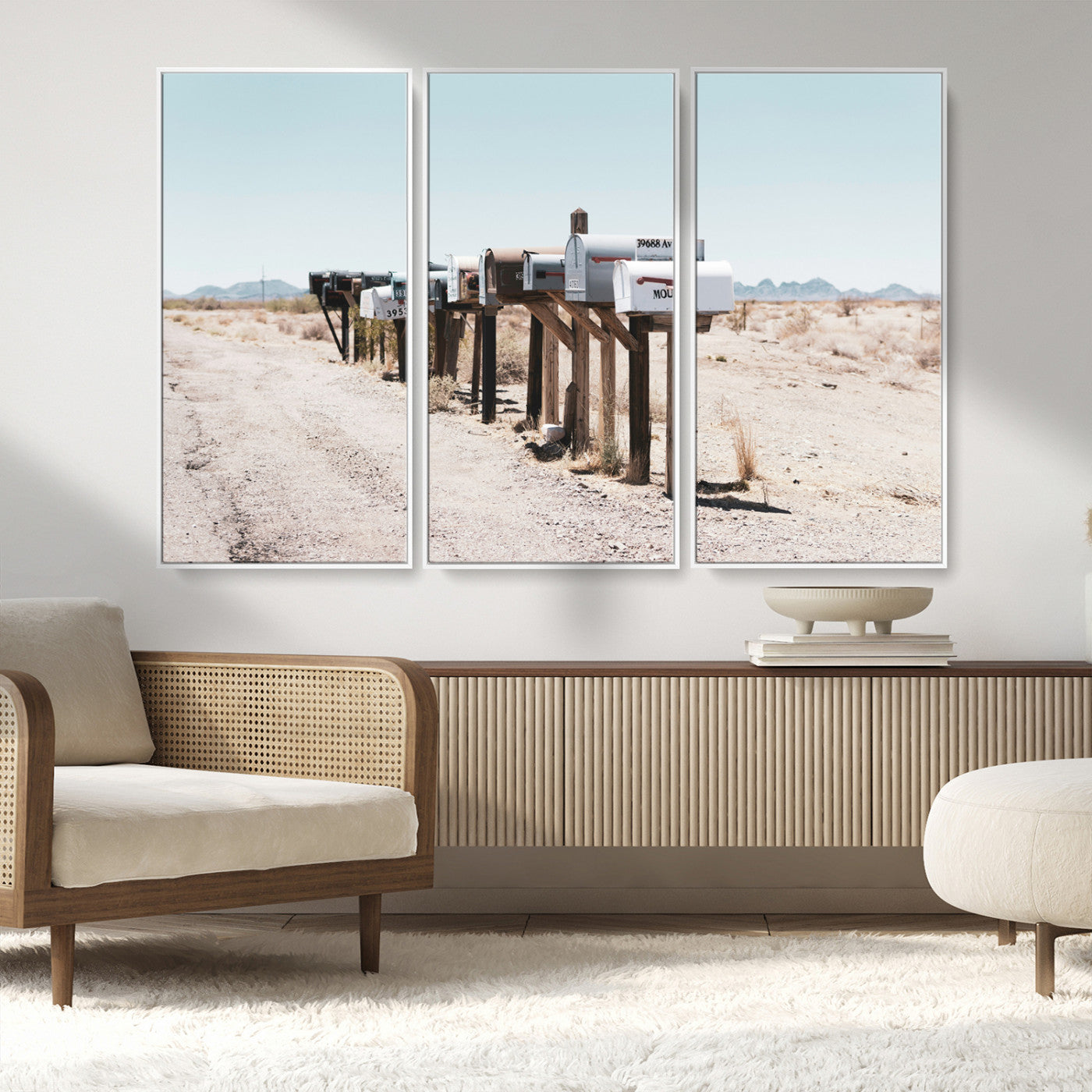 54616109-MGV-FC-48X32-3P_White-Desert Mailboxes Wall Art – Rustic Rural Roadside Photography Canvas Print, American Southwest Landscape Home Decor for Living