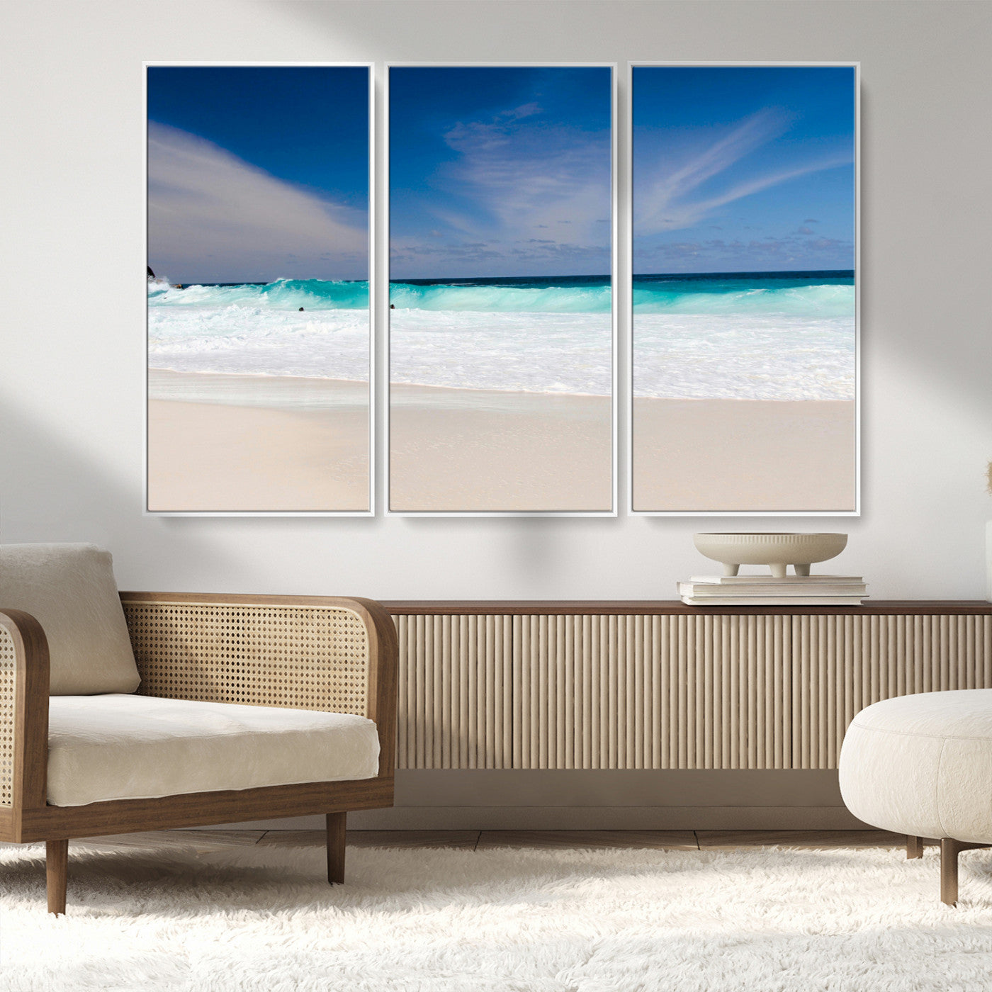 55017356-MGV-FC-48X32-3P_White-Ocean Beach Wall Art – Turquoise Wave and White Sand Shoreline Canvas Print, Coastal Seascape Photography Decor for Living Room,