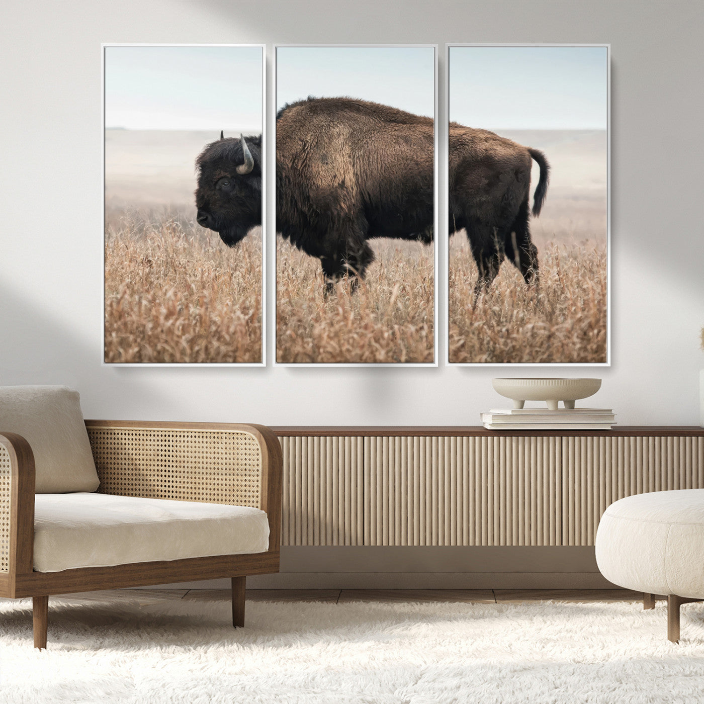 69909079-MGV-FC-48X32-3P_White-Bison Wall Art – Majestic Buffalo Canvas Print in Prairie Grasslands, Rustic Western Animal Painting, Farmhouse Ranch Decor for