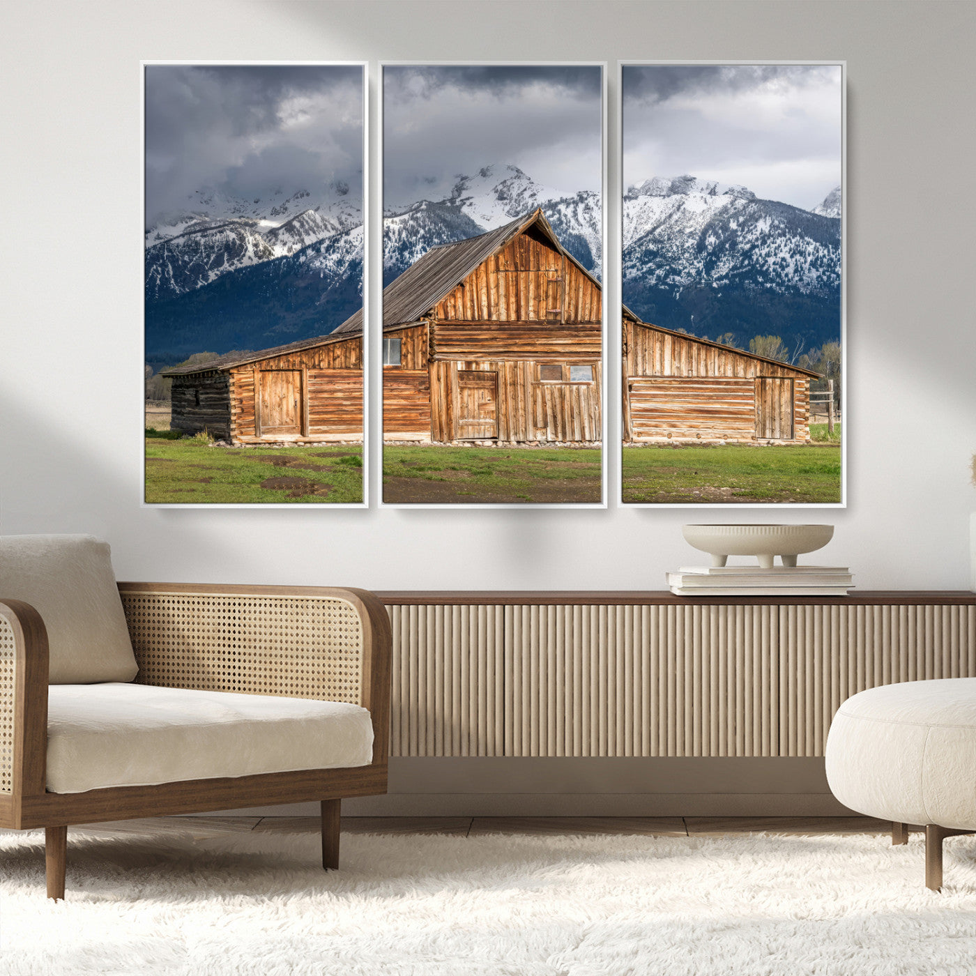 15173627-MGV-CV-36X24-Barn Wall Art – Rustic Wooden Cabin Canvas Print with Snowy Mountain Landscape, Western Farmhouse Country Decor for Living Room,