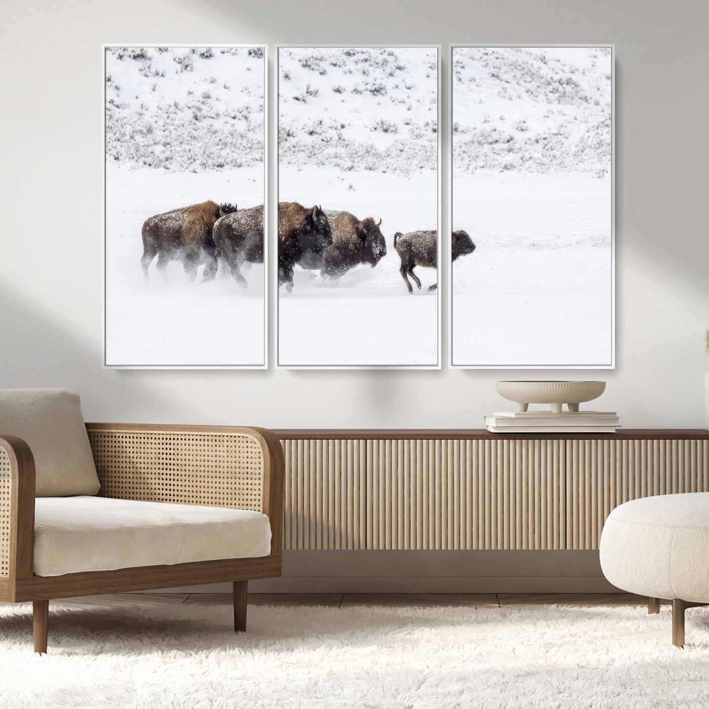 61161423-MGV-FC-48X32-3P_White-Running Bison Herd Wall Art – Winter Buffalo Canvas Print, Wildlife Photography Decor for Rustic Living Room, Farmhouse, Lodge,
