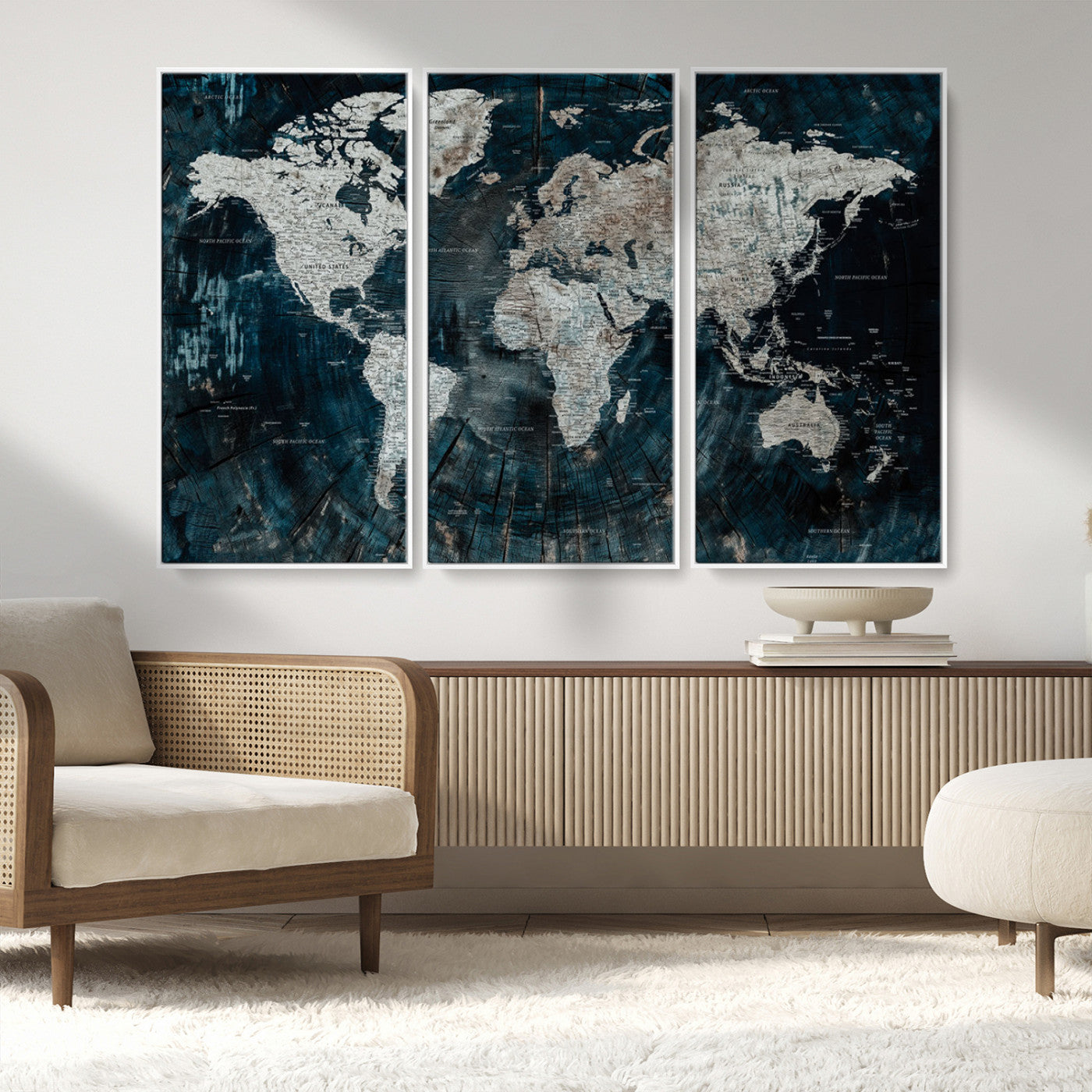 34425609-MGV-CV-36X24-World Map Wall Art – Rustic Navy and Grey Atlas Canvas Print, Distressed Explorer Map Artwork, Industrial Style Decor for Office,