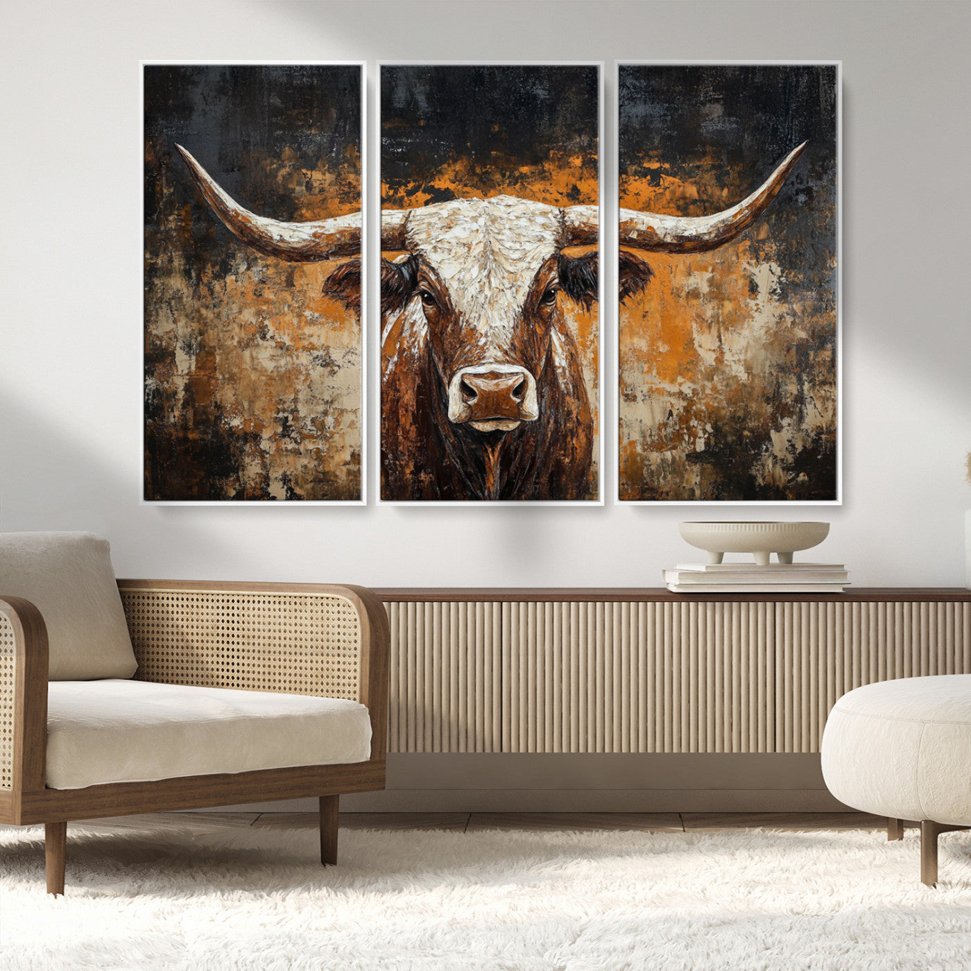 25265572-MGV-FC-48X32-3P_White-Longhorn Bull Wall Art – Rustic Western Texas Steer Canvas Print, Textured Animal Painting for Home, Office, Man Cave or Farmhouse