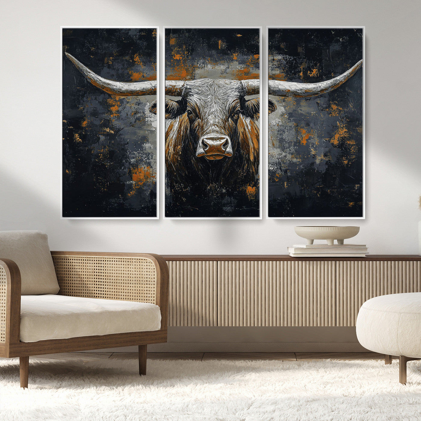 93195031-MGV-FC-48X32-3P_White-Dark Longhorn Bull Wall Art – Western Steer Canvas Print, Moody Rustic Animal Painting for Man Cave, Ranch House, Office or Modern