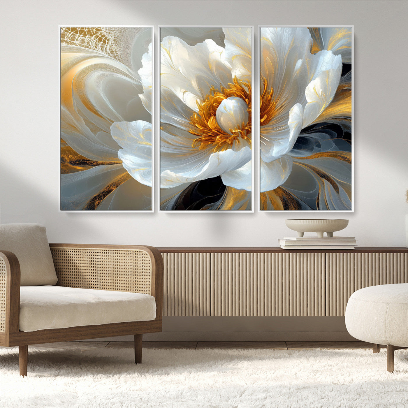 39604126-MGV-CV-36X24-Abstract Flower Wall Art – Elegant White and Gold Bloom Canvas Print, Modern Floral Artwork for Bedroom, Living Room, or Office
