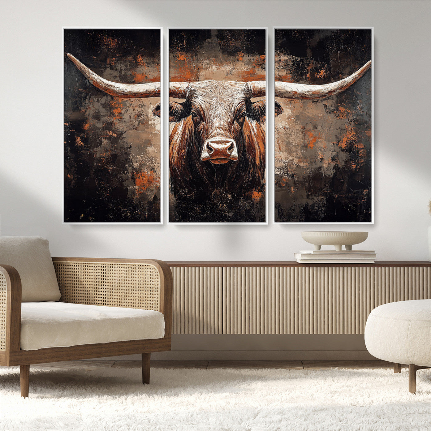 24779067-MGV-FC-48X32-3P_White-Longhorn Bull Wall Art – Western Rustic Canvas Print, Bold Cowboy Cattle Painting for Ranch House, Farmhouse, Office, or Living