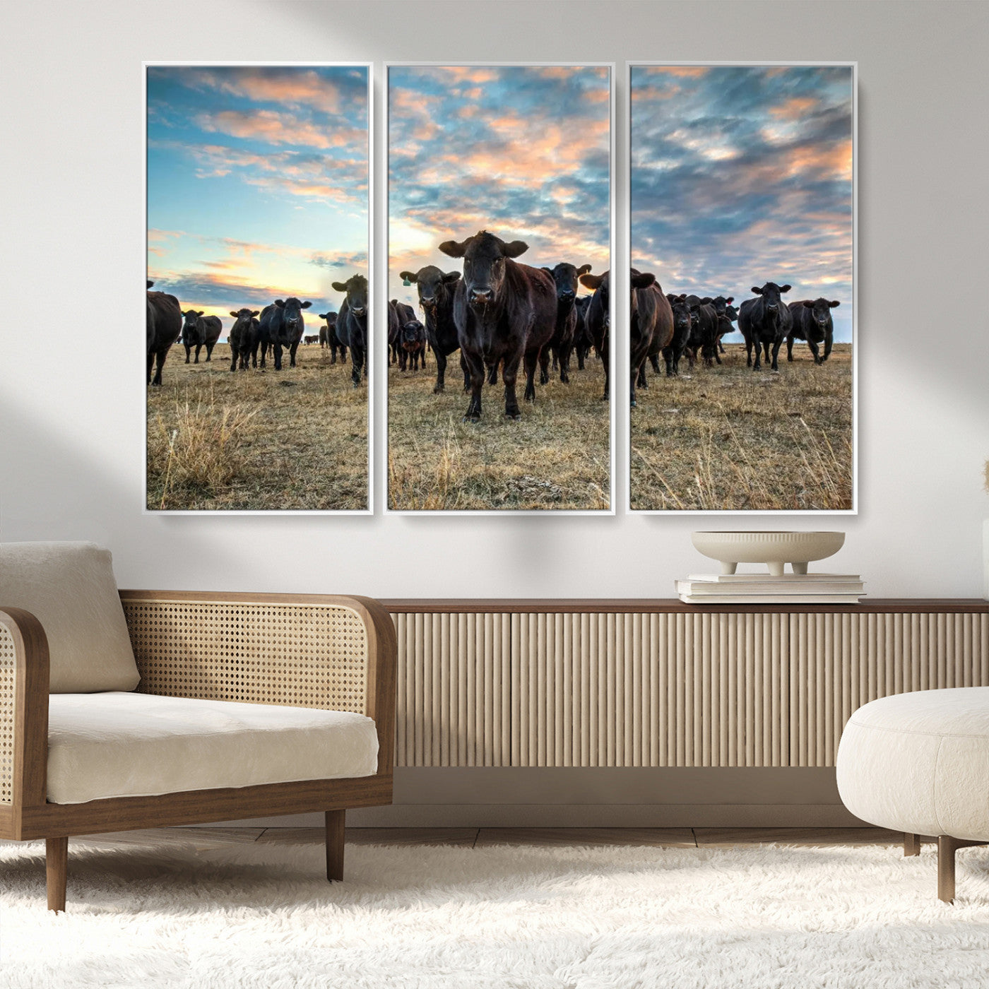13867292-MGV-CV-36X24-Black Cattle Wall Art – Rustic Ranch Herd Canvas Print, Western Farmhouse Country Landscape Decor for Living Room, Office, or