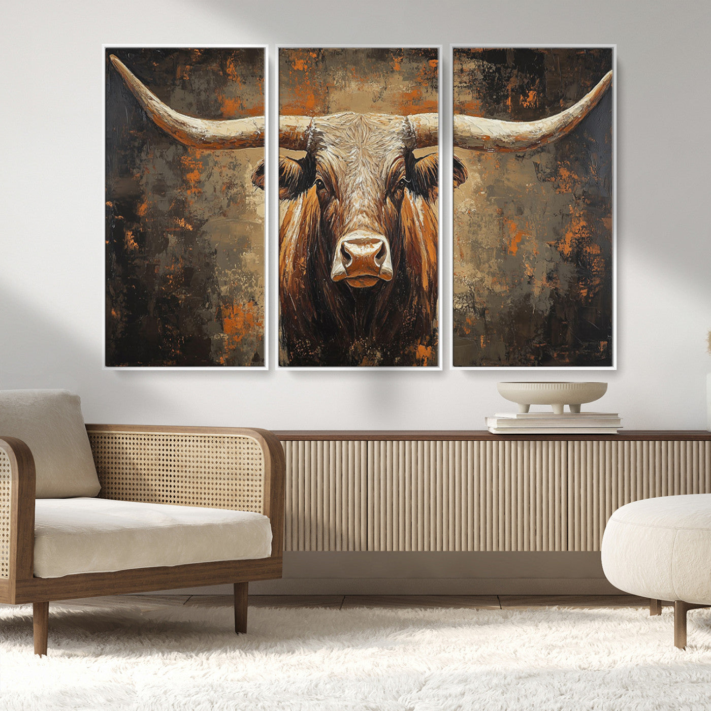 19204445-MGV-CV-36X24-Texas Longhorn Bull Wall Art – Rustic Western Canvas Print, Bold Cowboy Cattle Painting for Ranch House, Farmhouse, Office, or