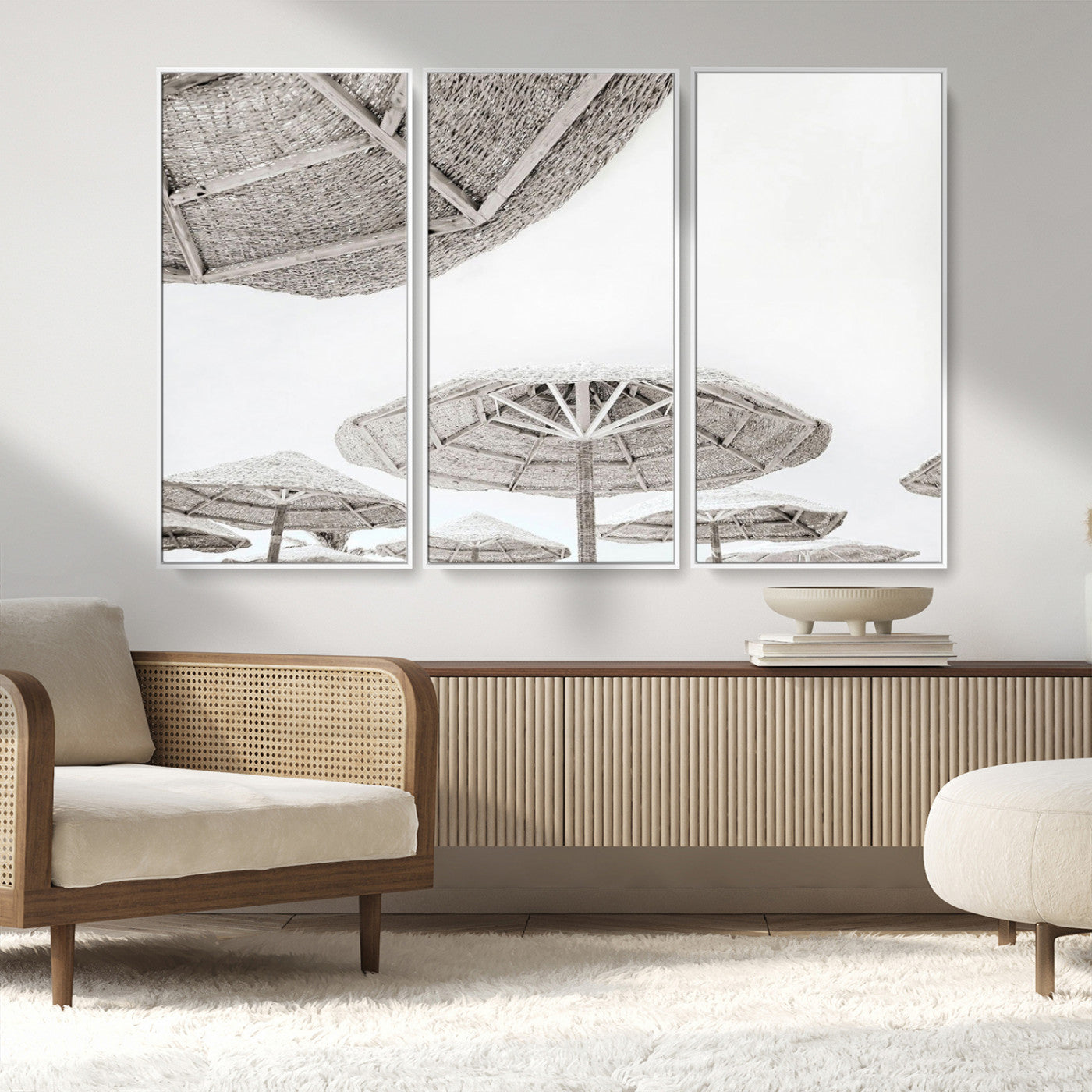 97043123-MGV-FC-48X32-3P_White-Beach Umbrella Wall Art – Minimalist Coastal Canvas Print, Woven Parasol Summer Decor for Bedroom, Living Room, or Modern Beach