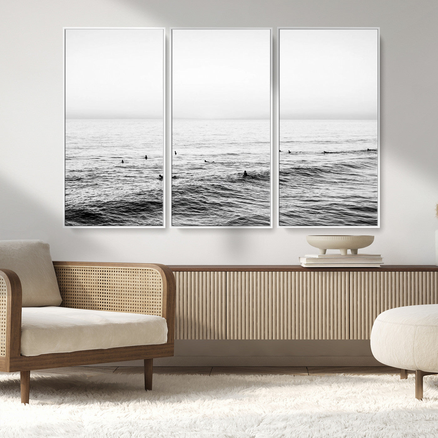 47208268-MGV-CV-36X24-Surfer Ocean Wall Art – Black and White Coastal Canvas Print, Minimalist Surfing Seascape Decor for Living Room, Bedroom, or Beach