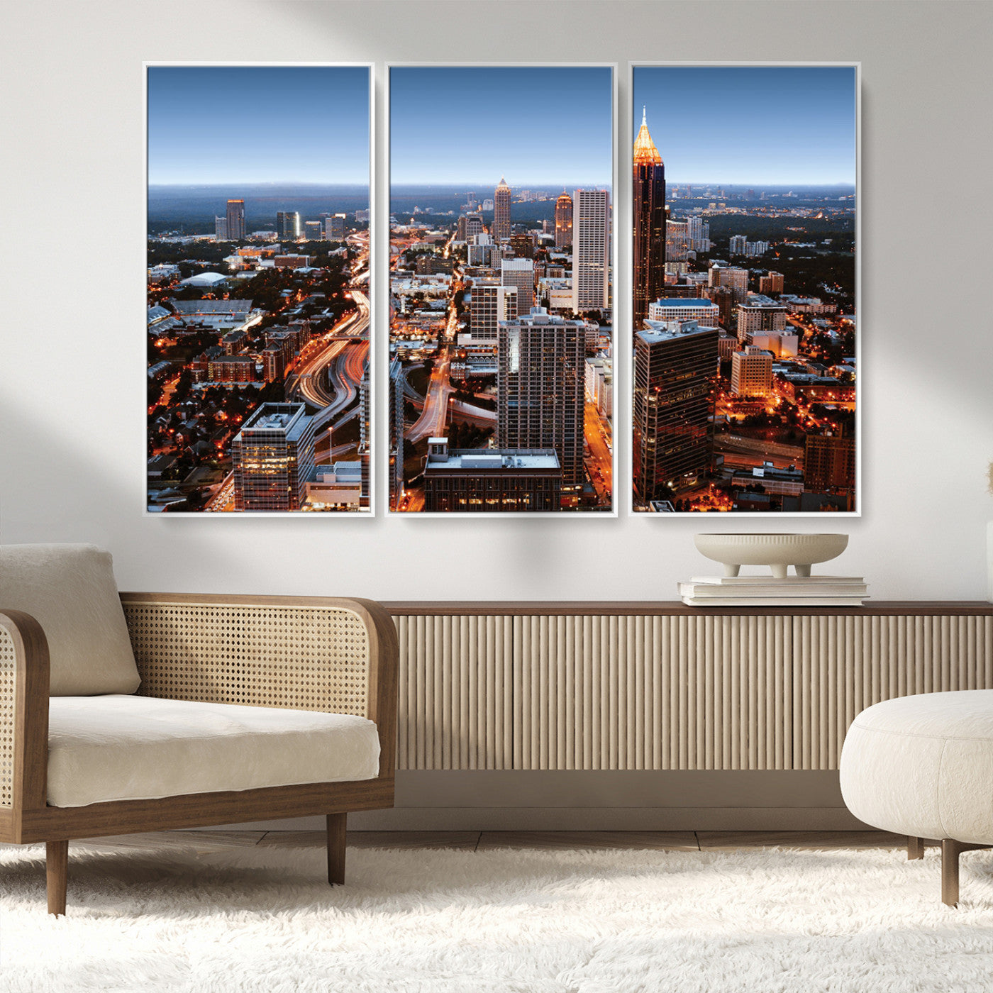 25096967-MGV-FC-48X32-3P_White-Atlanta Skyline Wall Art – Vibrant Cityscape Canvas Print, Modern Night Lights Urban Decor for Office, Living Room, or Apartment