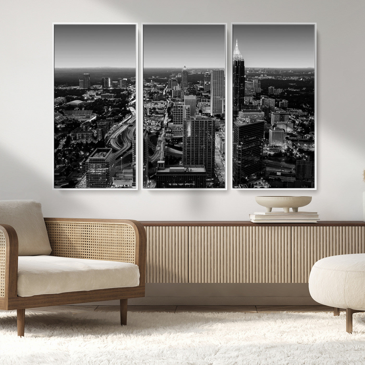 46578567-MGV-CV-36X24-Atlanta Skyline Wall Art – Black and White Cityscape Canvas Print, Modern Urban Night Decor for Office, Living Room, or Apartment