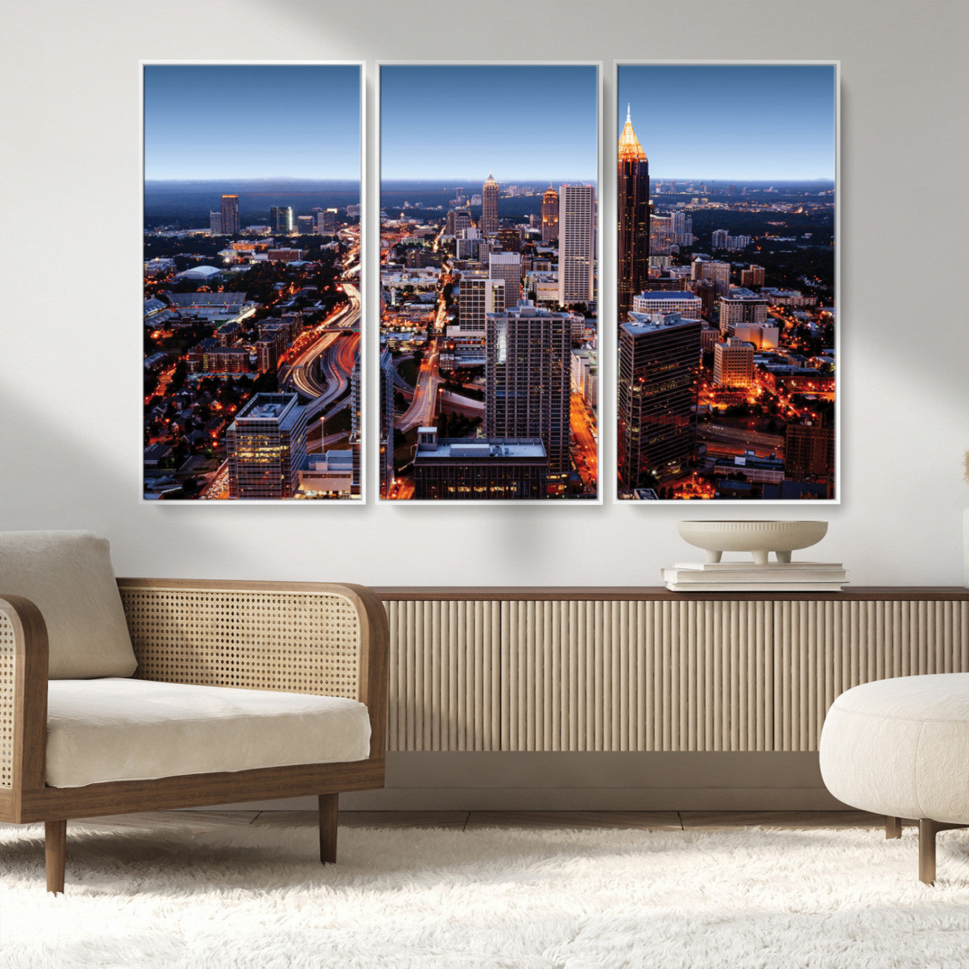 81886632-MGV-FC-48X32-3P_White-Atlanta Skyline Wall Art – Vibrant City Lights Canvas Print, Modern Urban Cityscape Decor for Living Room, Office, or Apartment