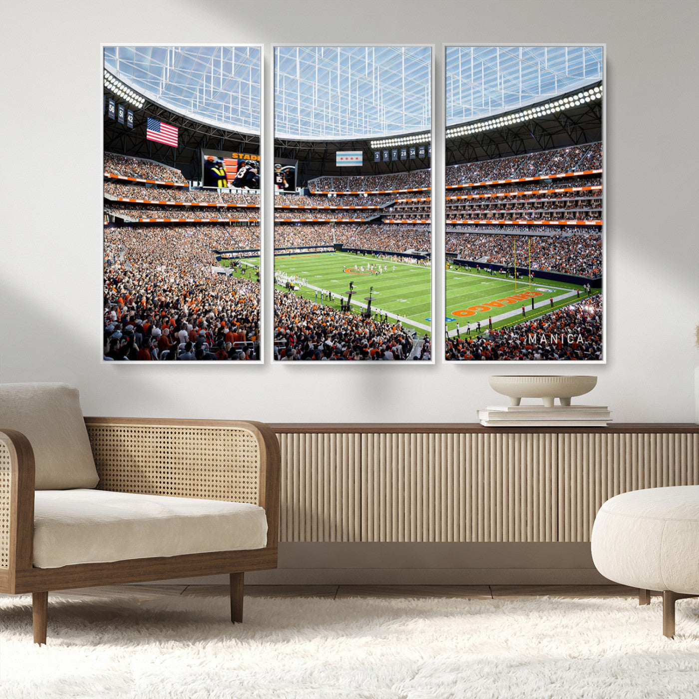 32530647-MGV-FC-48X32-3P_White-Chicago Bears Stadium Wall Art – Futuristic Dome Arena Canvas Print, Modern Football Concept Design Decor for Man Cave, Bar, or