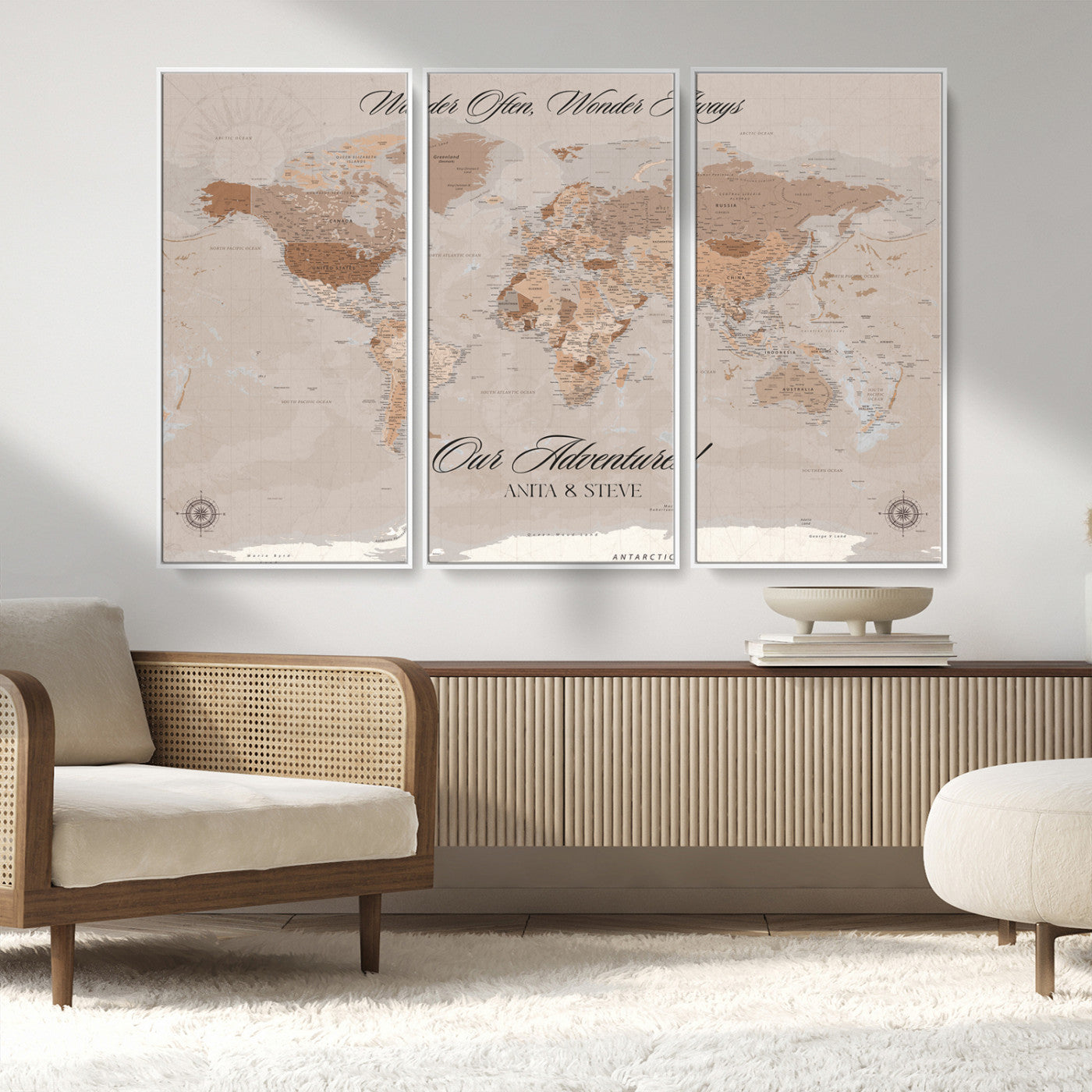 95243244-MGV-CV-36X24-Wander Often Wonder Always World Map Wall Art – Neutral Beige Adventure Canvas Print, Rustic Boho Travel Decor for Bedroom, Living