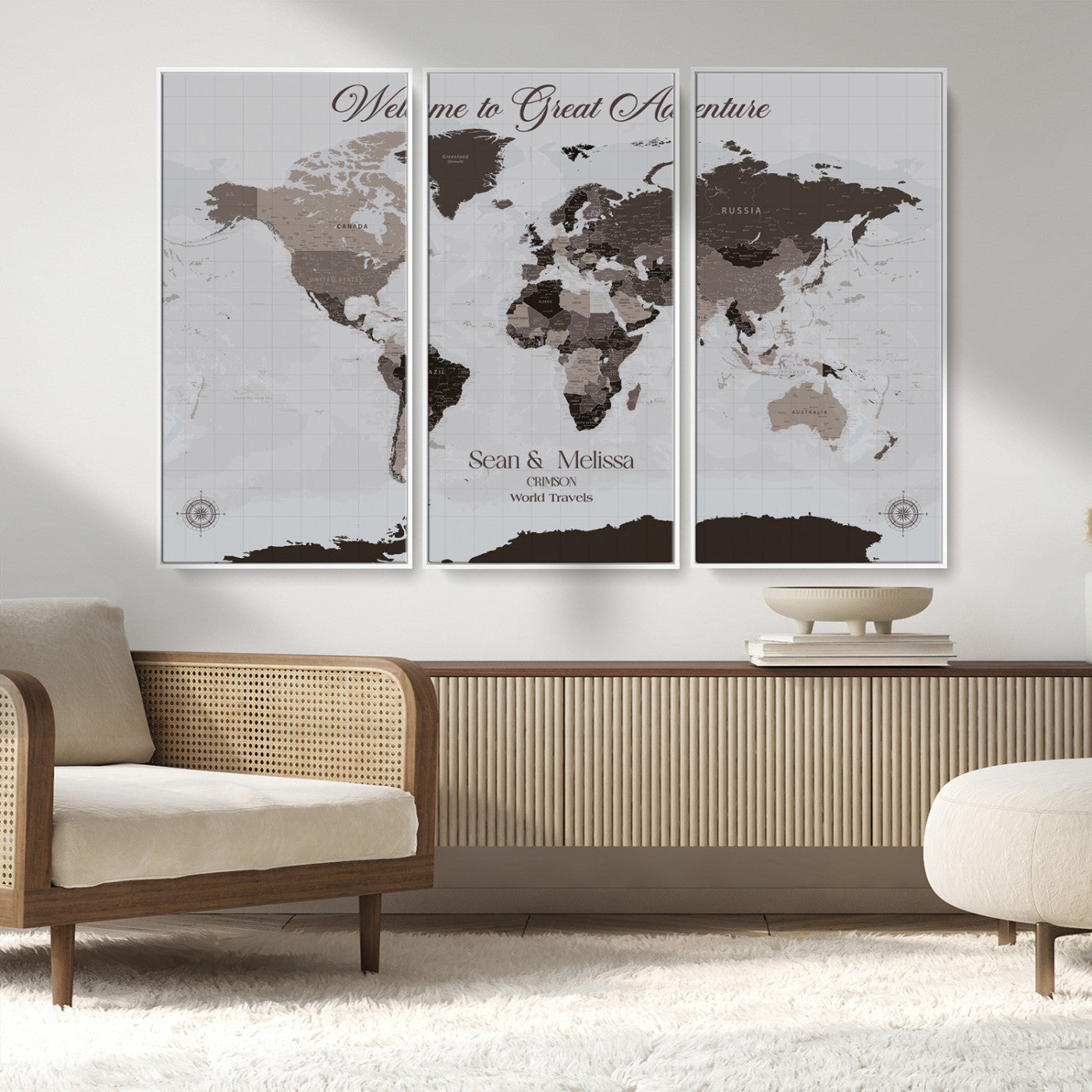 43749658-MGV-CV-36X24-Welcome to Great Adventure World Map Wall Art – Charcoal Gray Canvas Print, Rustic Travel Decor for Living Room, Study, Office or