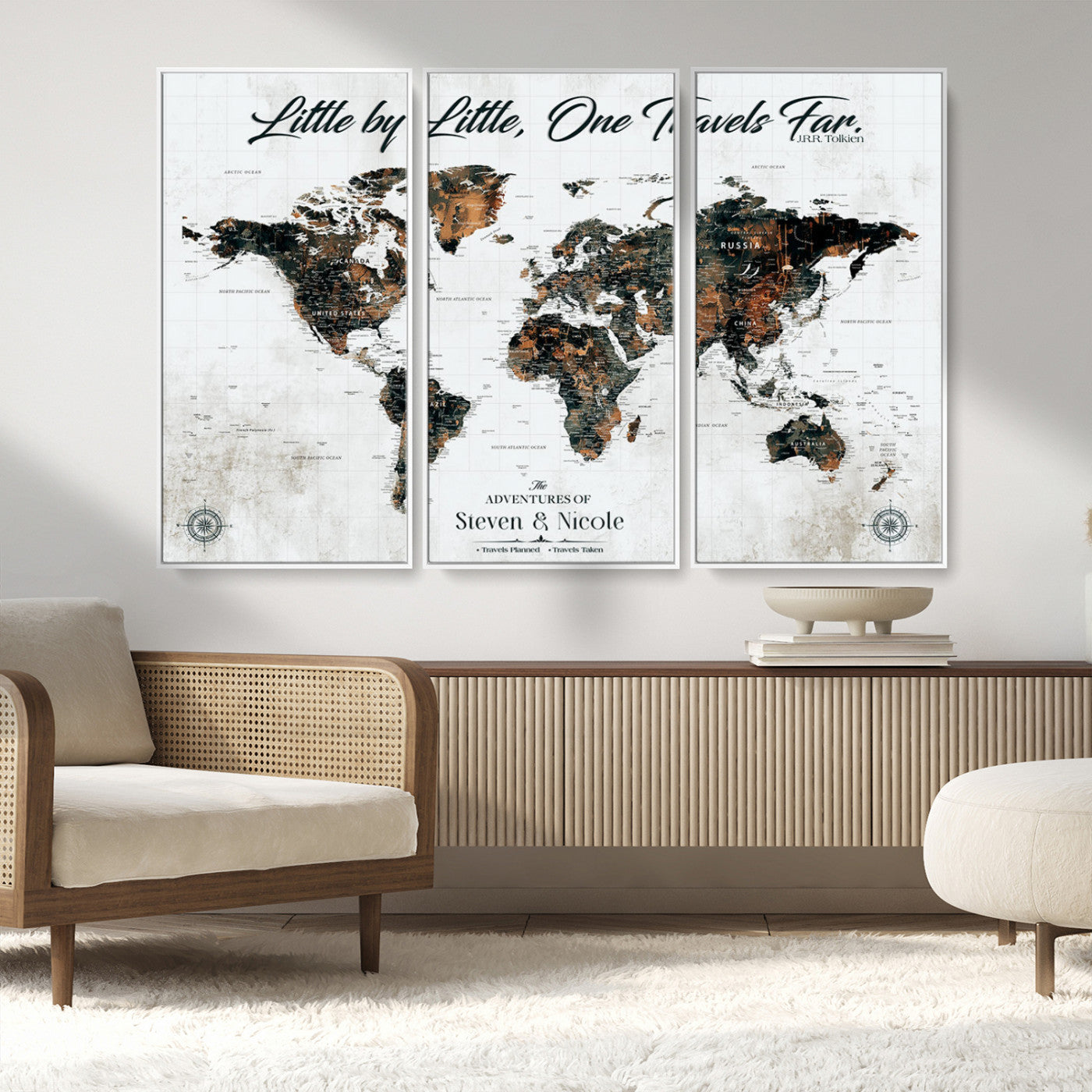 88337180-MGV-FC-48X32-3P_White-Little by Little One Travels Far Tolkien Quote World Map Rustic Black Brown Adventure Wall Art Canvas Print for Home Office Living