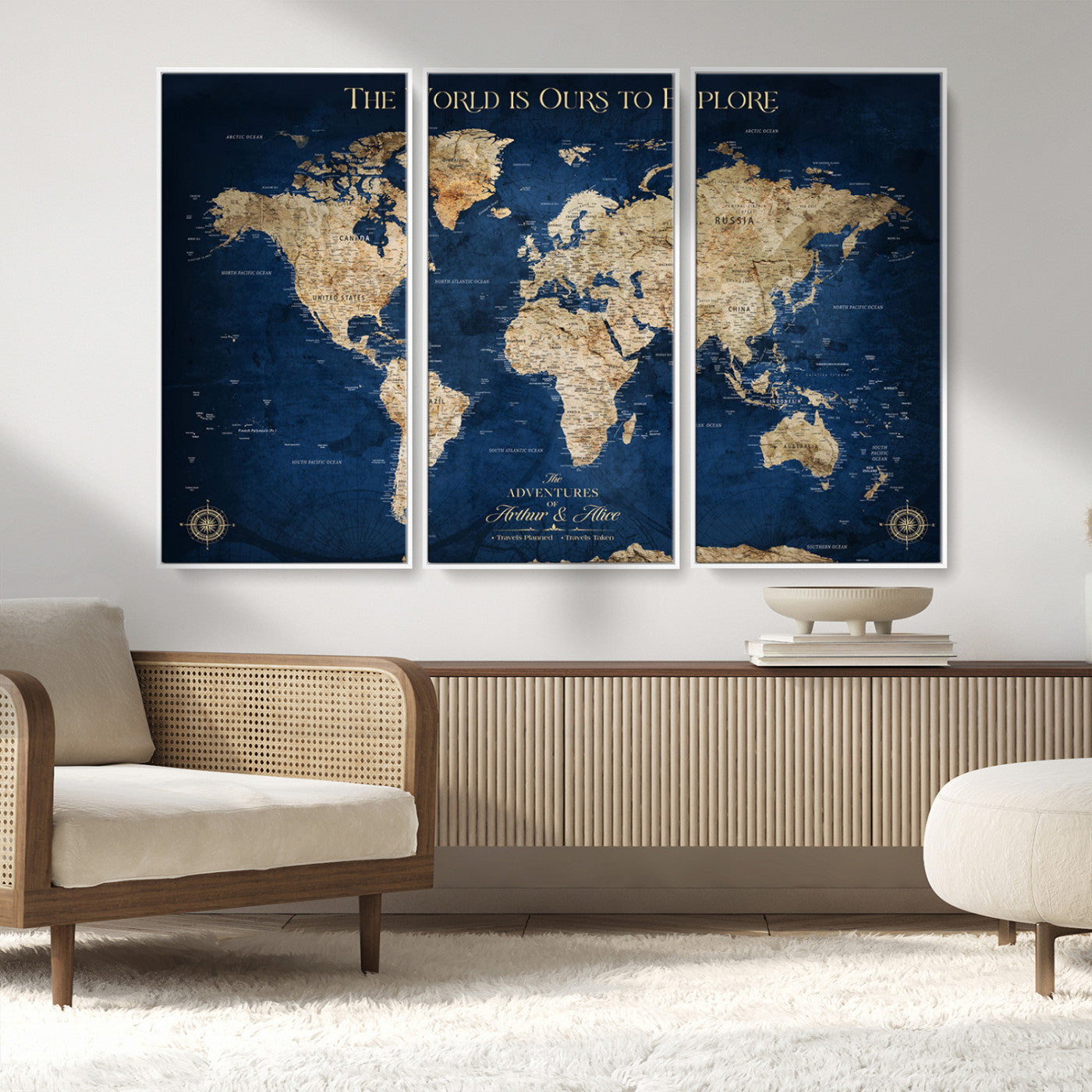 54782997-MGV-FC-48X32-3P_White-The World is Ours to Explore Wall Art – Blue World Map Canvas Print, Adventure Travel Decor for Home, Office or Living Room,