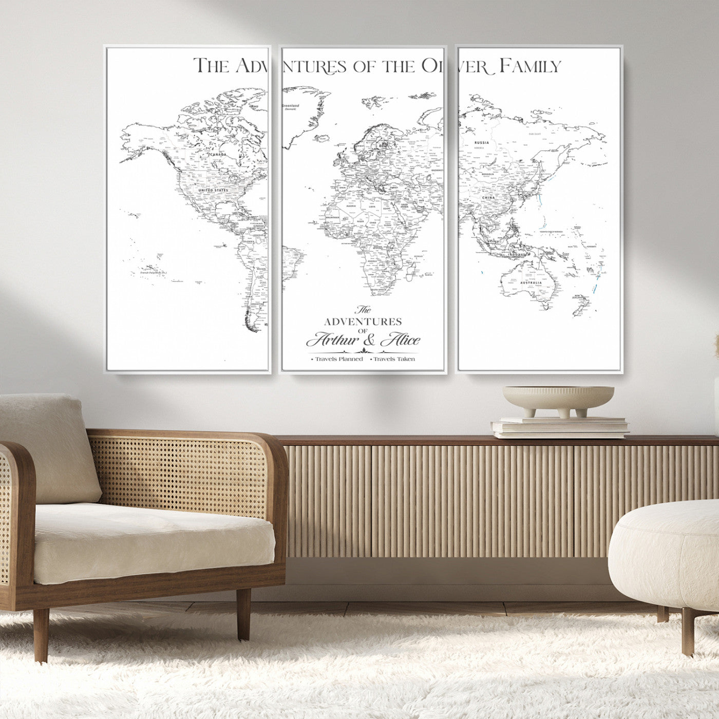 21029247-MGV-CV-36X24-Minimalist World Map Wall Art – Black and White Travel Adventure Print, Modern Family Travel Map Decor for Living Room, Bedroom,