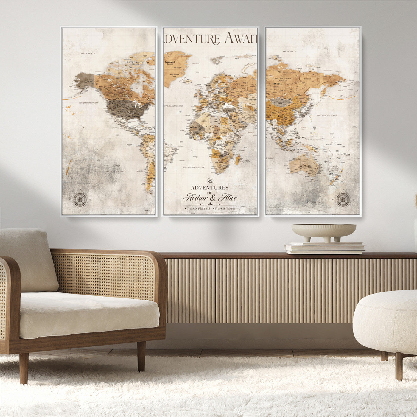 99422096-MGV-FC-48X32-3P_White-Adventure Awaits World Map Wall Art – Neutral Beige Canvas Print, Modern Travel Inspired Wall Decor for Living Room, Bedroom or