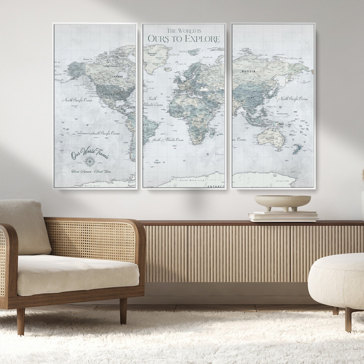 94249974-MGV-CV-36X24-Ours Explore World Map Wall Art – Modern Travel Canvas Print, Neutral Adventure Decor for Living Room, Office, Study, Bedroom,
