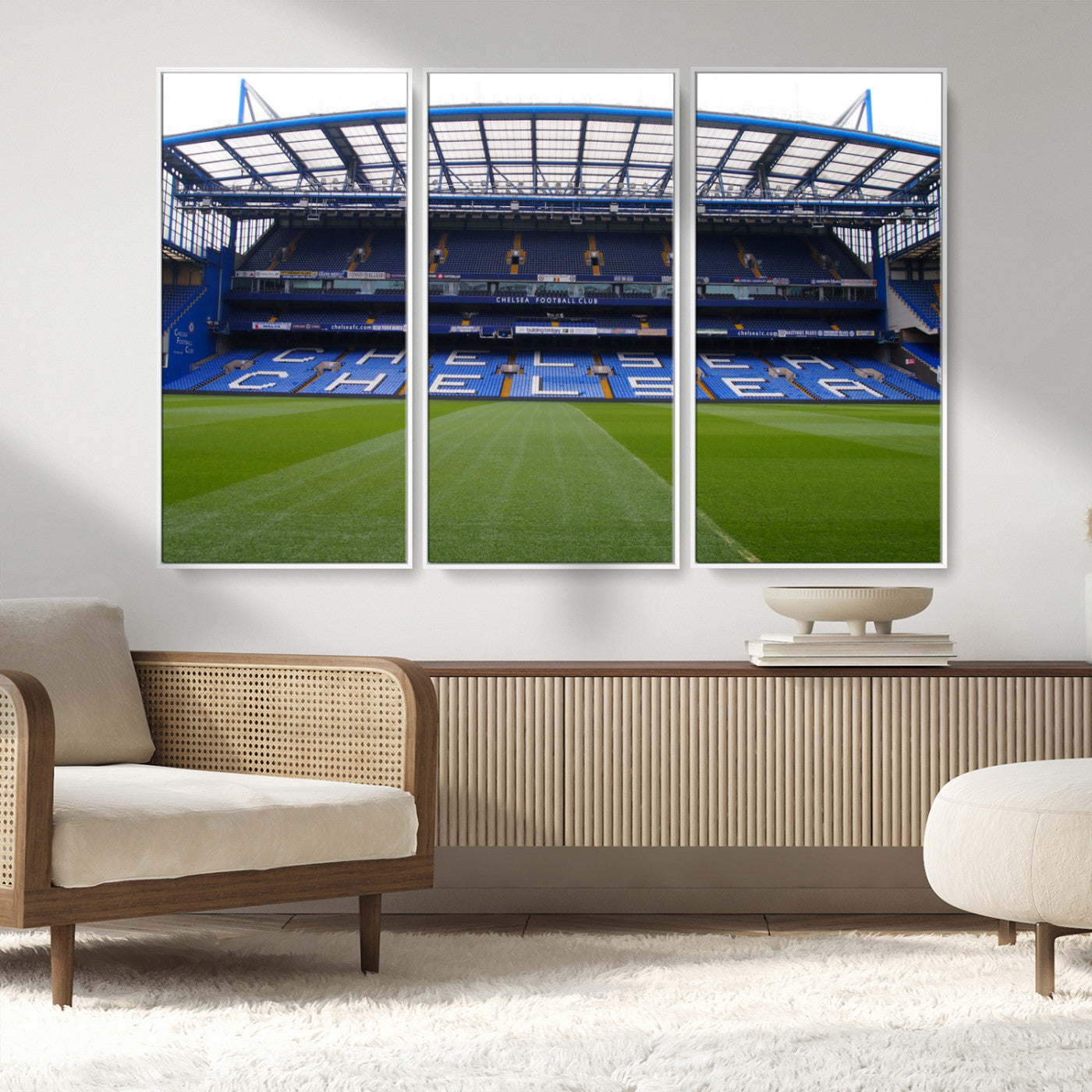 38616413CHELSA-MGV-FC-48X32-3P_White-Chelsea Stadium Wall Art – Panoramic Football Field Canvas Print, Game Day Sports Decor for Living Room, Office, or Man Cave