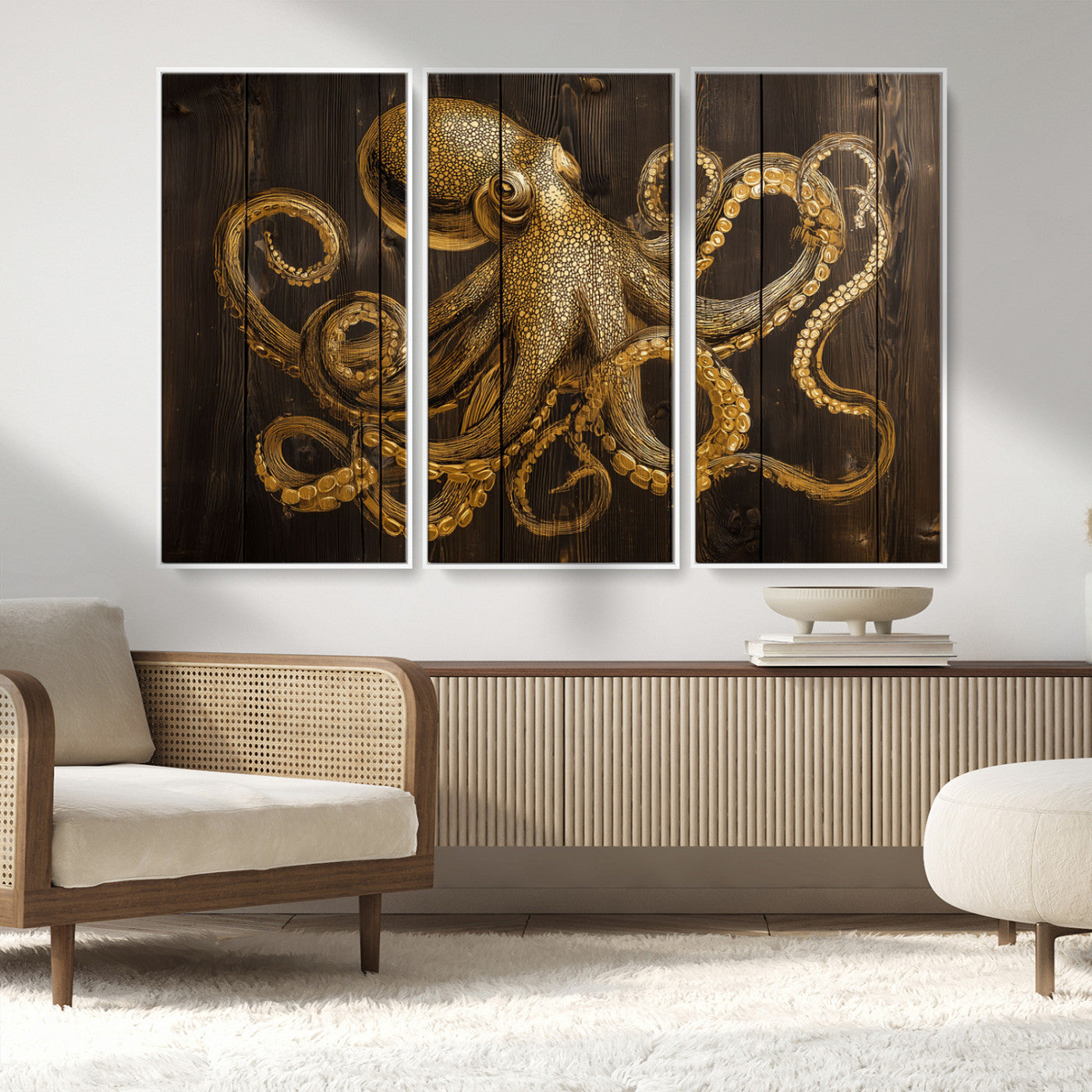 56769669-MGV-FC-48X32-3P_White-Octopus Wall Art – Gold Nautical Canvas Print with Rustic Wood Panel Design, Detailed Marine Artwork for Coastal Ocean Decoration