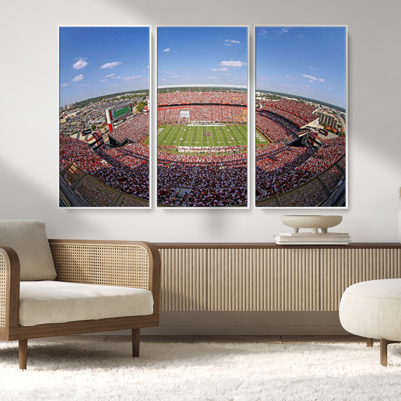 29492070-MGV-FC-48X32-3P_White-Stadium Wall Art – Panoramic College Football Canvas Print, Game Day Crowd and Field Scene, Sports Photography Decor for Office,