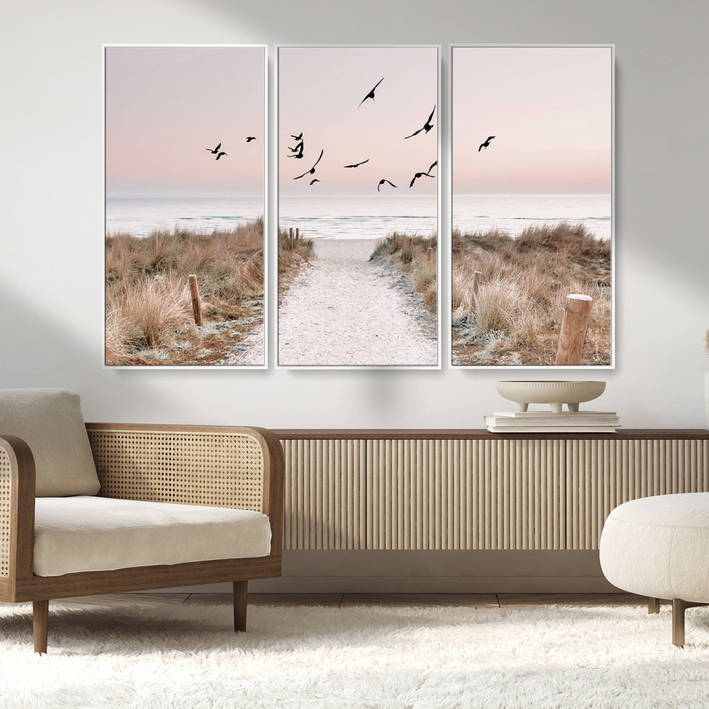 34632598-MGV-FC-48X32-3P_White-Beach Pathway Wall Art – Coastal Canvas Print with Sandy Trail, Flying Birds and Pastel Sky, Serene Ocean Landscape Photography