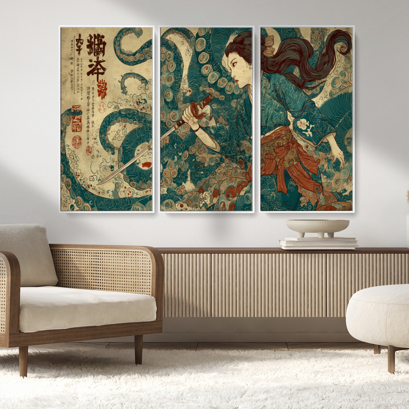 46837670-MGV-CV-36X24-Tsukioka Yoshitoshi Samurai Wall Art Print, Japanese Katana Warrior Canvas Wall Art, Octopus Sea Monster Canvas Print,