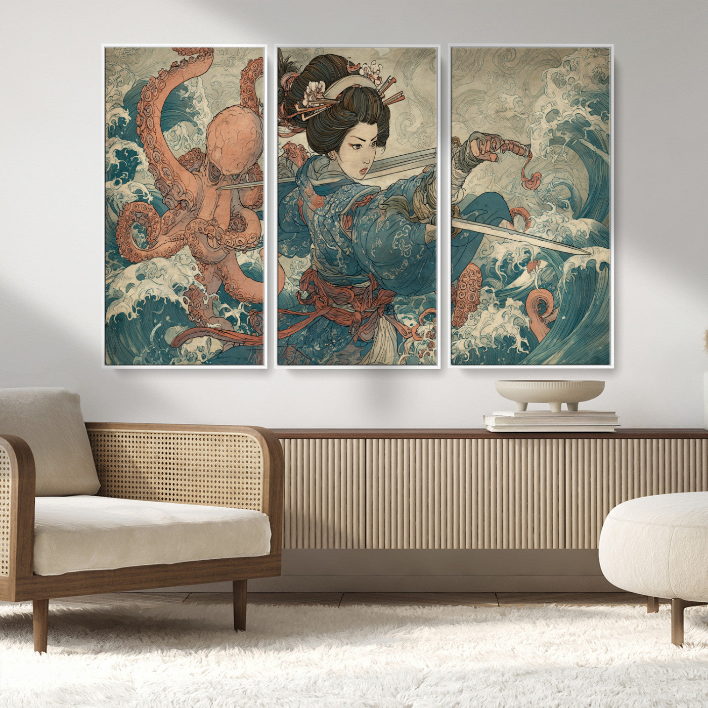 52037775-MGV-CV-36X24-Tsukioka Yoshitoshi Samurai Wall Art Print, Japanese Katana Warrior Canvas Wall Art, Octopus Sea Monster Canvas Print,