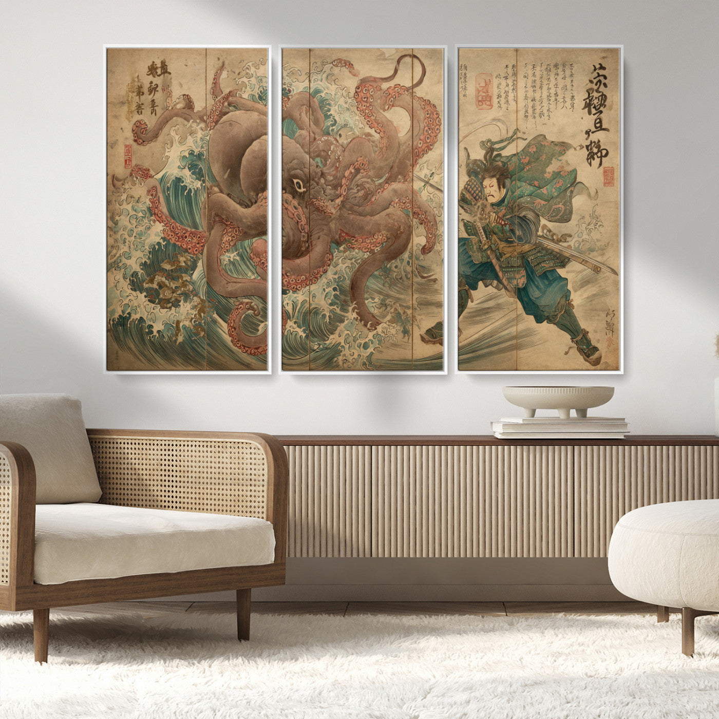 63782167-MGV-CV-36X24-Tsukioka Yoshitoshi Samurai Wall Art Print, Japanese Katana Warrior Canvas Wall Art, Octopus Sea Monster Canvas Print,