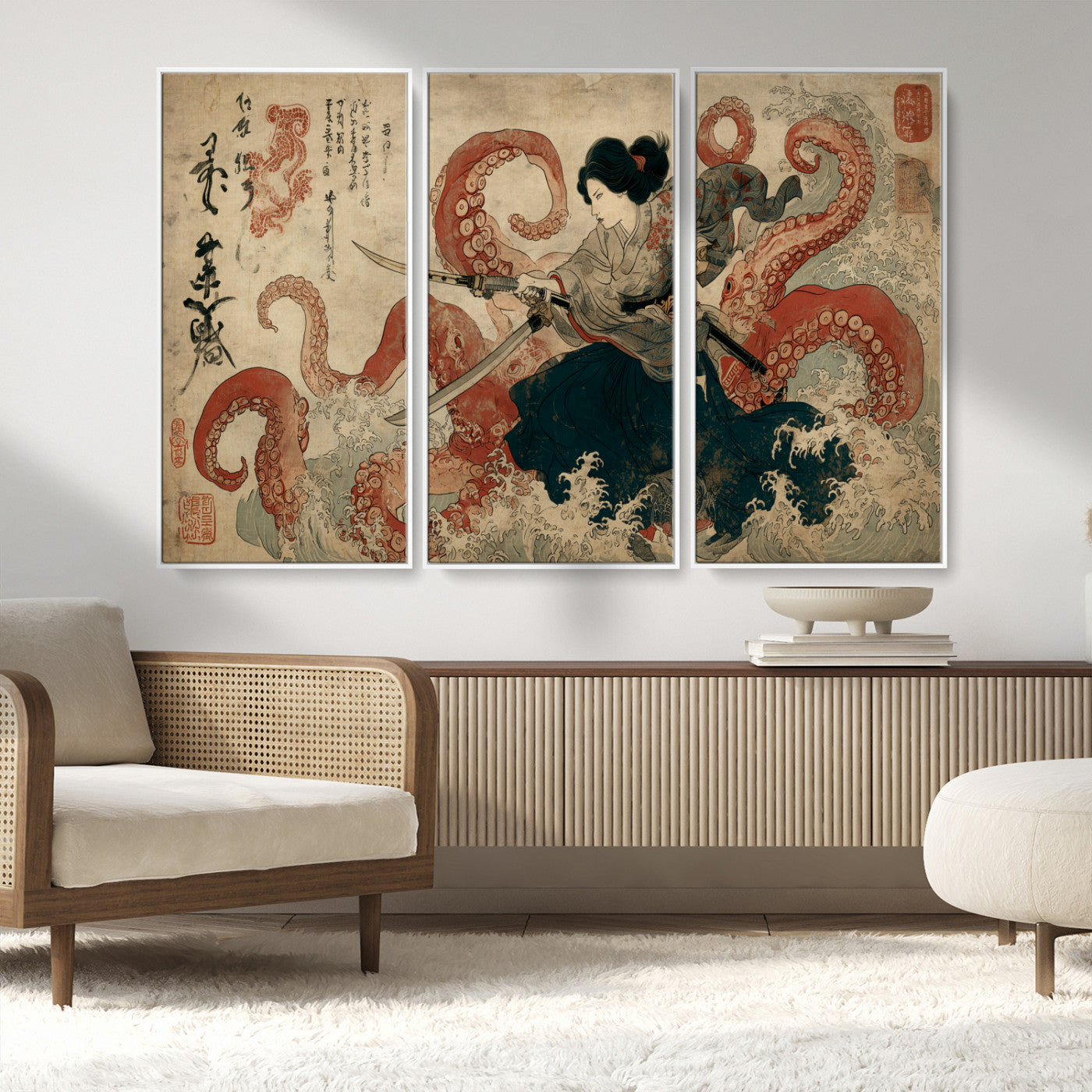 50812504-MGV-CV-36X24-Tsukioka Yoshitoshi Samurai Wall Art Print, Japanese Katana Warrior Canvas Wall Art, Octopus Sea Monster Canvas Print,