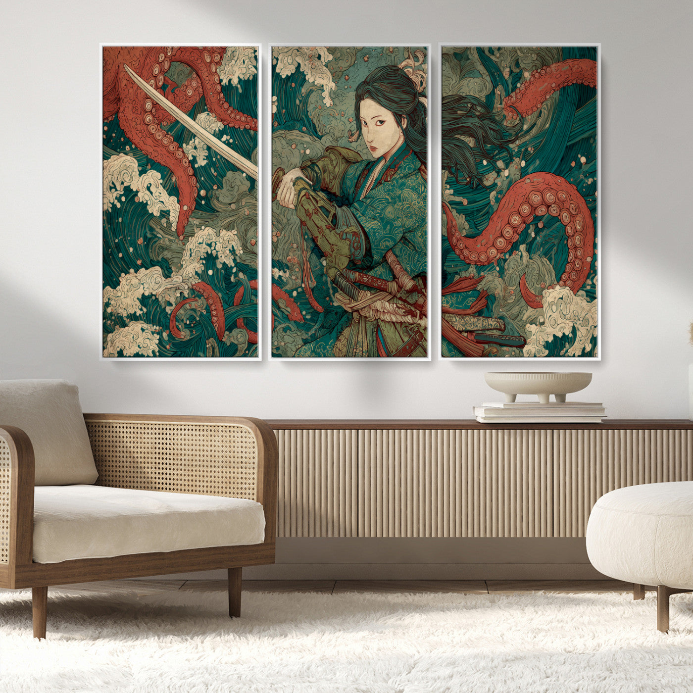 35461724-MGV-CV-36X24-Samurai Woman vs Octopus Wall Art – Japanese Ukiyo-e Ocean Waves Canvas Print, Red Tentacle Battle Artwork for Living Room,