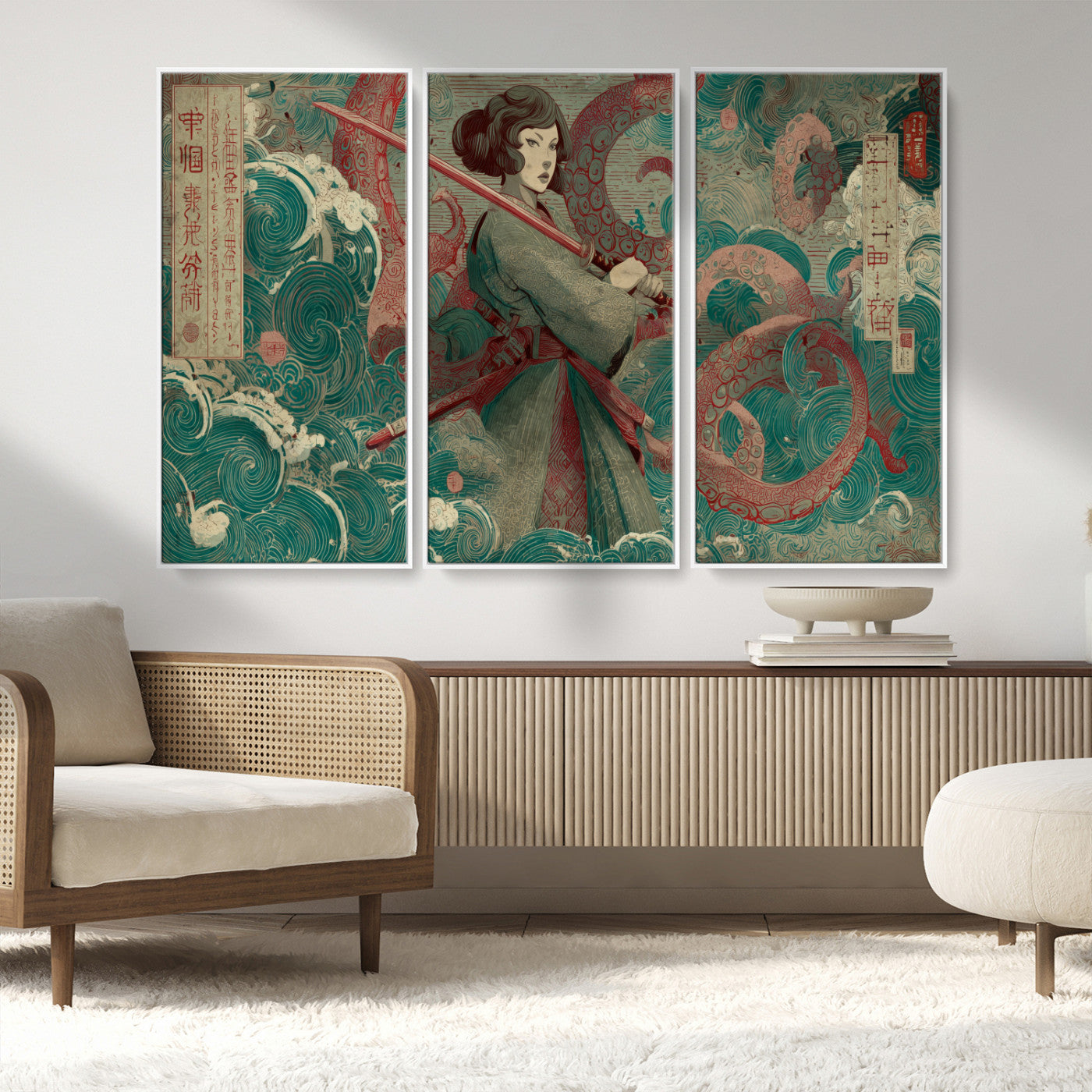 91666601-MGV-FC-48X32-3P_White-Samurai Woman vs Octopus Wall Art – Japanese Ukiyo-e Green Robe Canvas Print, Ocean Battle Artwork for Living Room, Office, Man