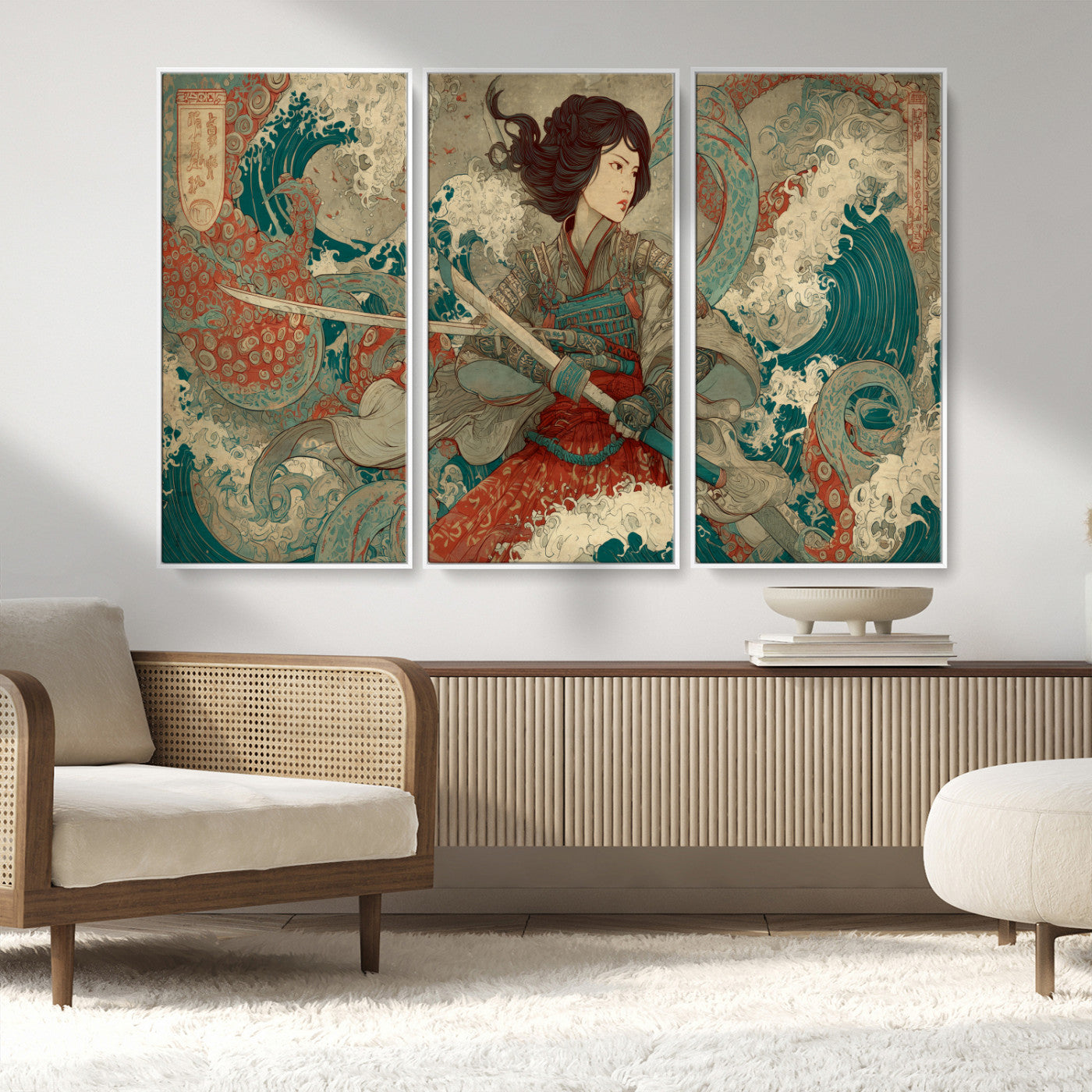 37797255-MGV-CV-36X24-Samurai Woman vs Octopus Wall Art – Japanese Ukiyo-e Red Armor Ocean Battle Canvas Print, Warrior Artwork for Living Room, Office,