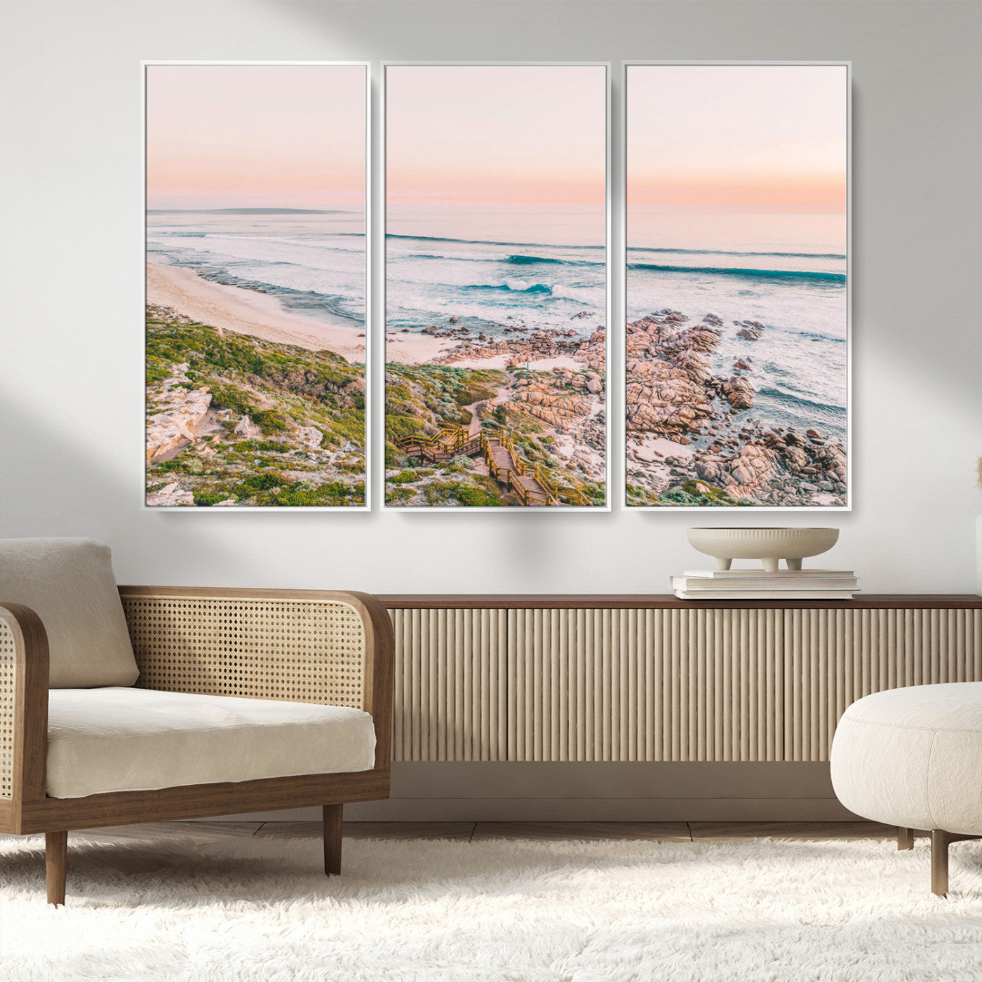 27332135-MGV-FC-48X32-3P_White-Coastal Sunset Wall Art – Ocean Waves and Rocky Shore Canvas Print, Scenic Seaside Photography Decor for Bedroom, Living Room,