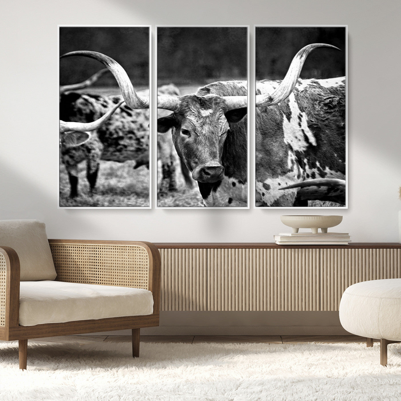 15425553-MGV-CV-36X24-Western Wall Art – Longhorn Cattle Black and White Canvas Print, Rustic Ranch Photography Decor for Bedroom, Living Room, Office,