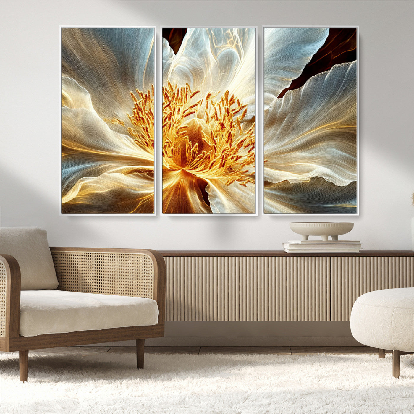 20862576-MGV-FC-48X32-3P_White-Golden Abstract Flower Canvas Wall Art – Modern Botanical Bloom Print, Elegant Floral Artwork for Living Room, Bedroom, Office