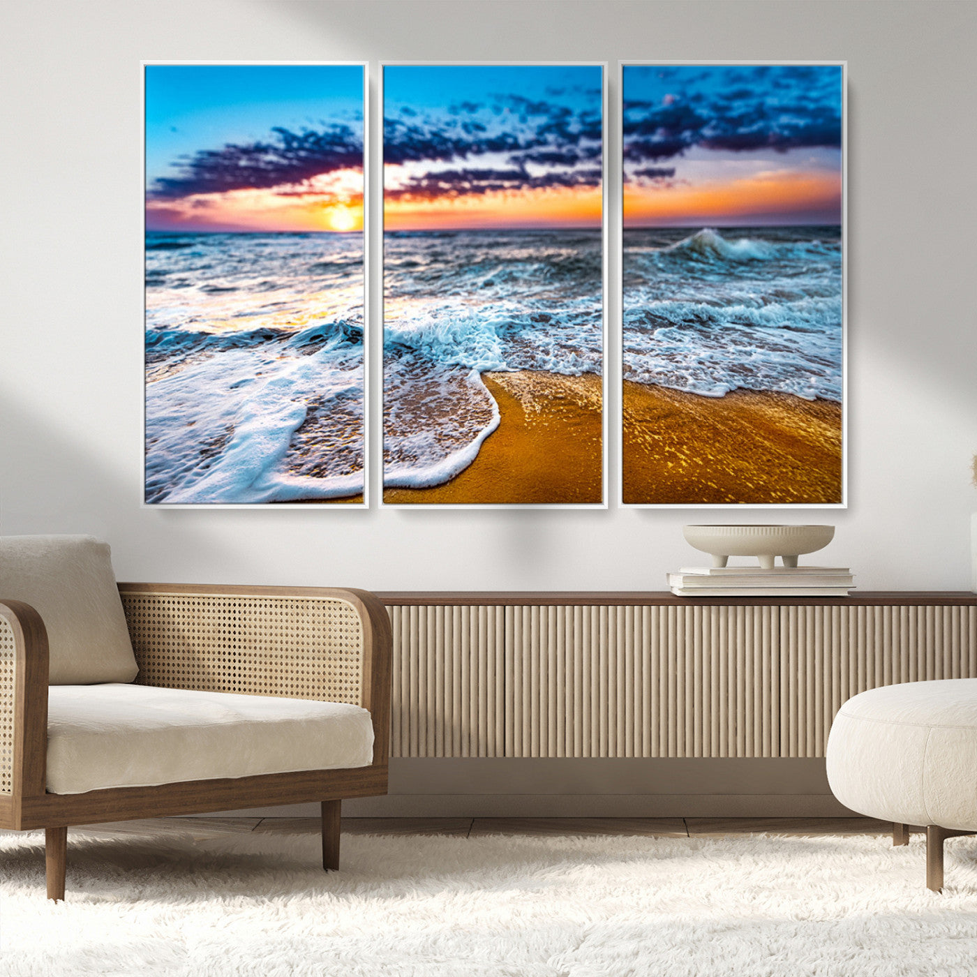 24077769-MGV-CV-36X24-Sunset Beach Wall Art – Ocean Waves Canvas Print, Golden Shoreline Photography Coastal Decor for Living Room, Bedroom, Office,