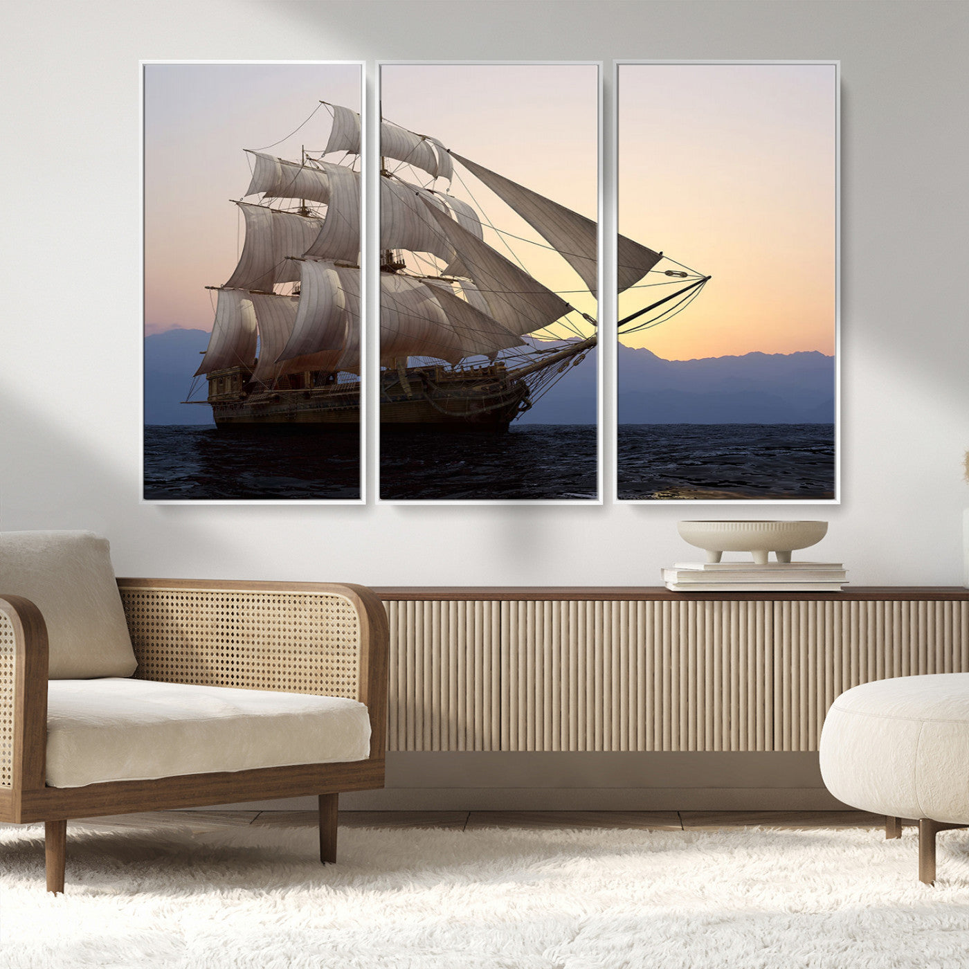 99957679-MGV-CV-36X24-Majestic Sailing Ship Wall Art – Sunset Ocean Voyage, Classic Tall Ship with Wind Filled Sails Canvas Print for Home, Office,