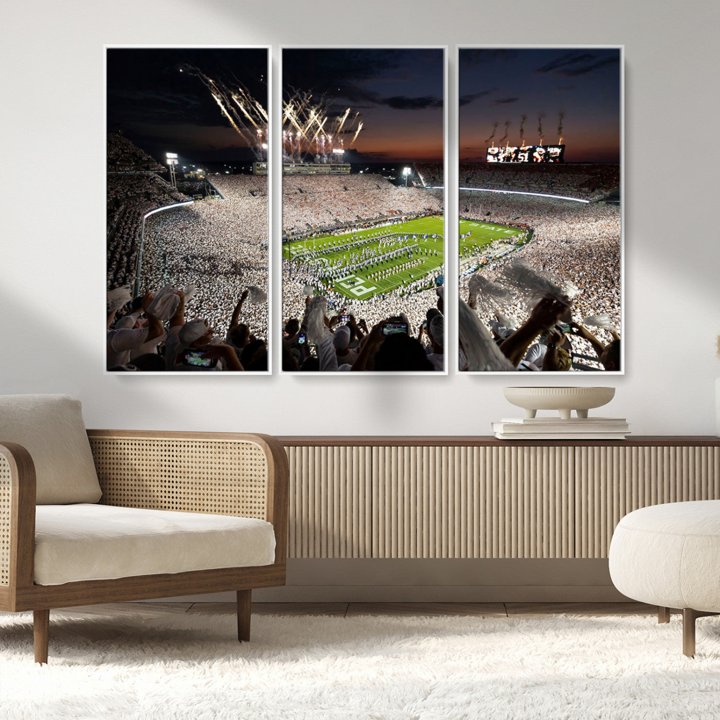 11221988-MGV-CV-36X24-Football Stadium Wall Art – Game Day Crowd with Fireworks, Sports Fan Photography Print, Stadium Decor for Man Cave, Bar, or