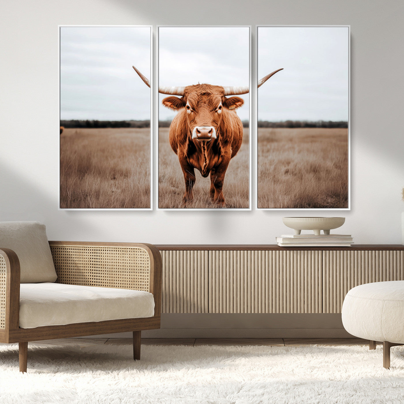 16316734-MGV-FC-48X32-3P_White-Texas Longhorn Wall Art – Rustic Bull Portrait Canvas Print, Western Farmhouse Animal Photography Decor for Living Room, Office,