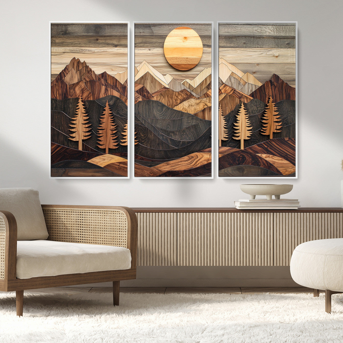 90044381-MGV-FC-48X32-3P_White-Rustic Wall Art – Wooden Mountain Landscape with Sun and Pine Trees, Handcrafted Nature Canvas Style Decor for Bedroom, Living